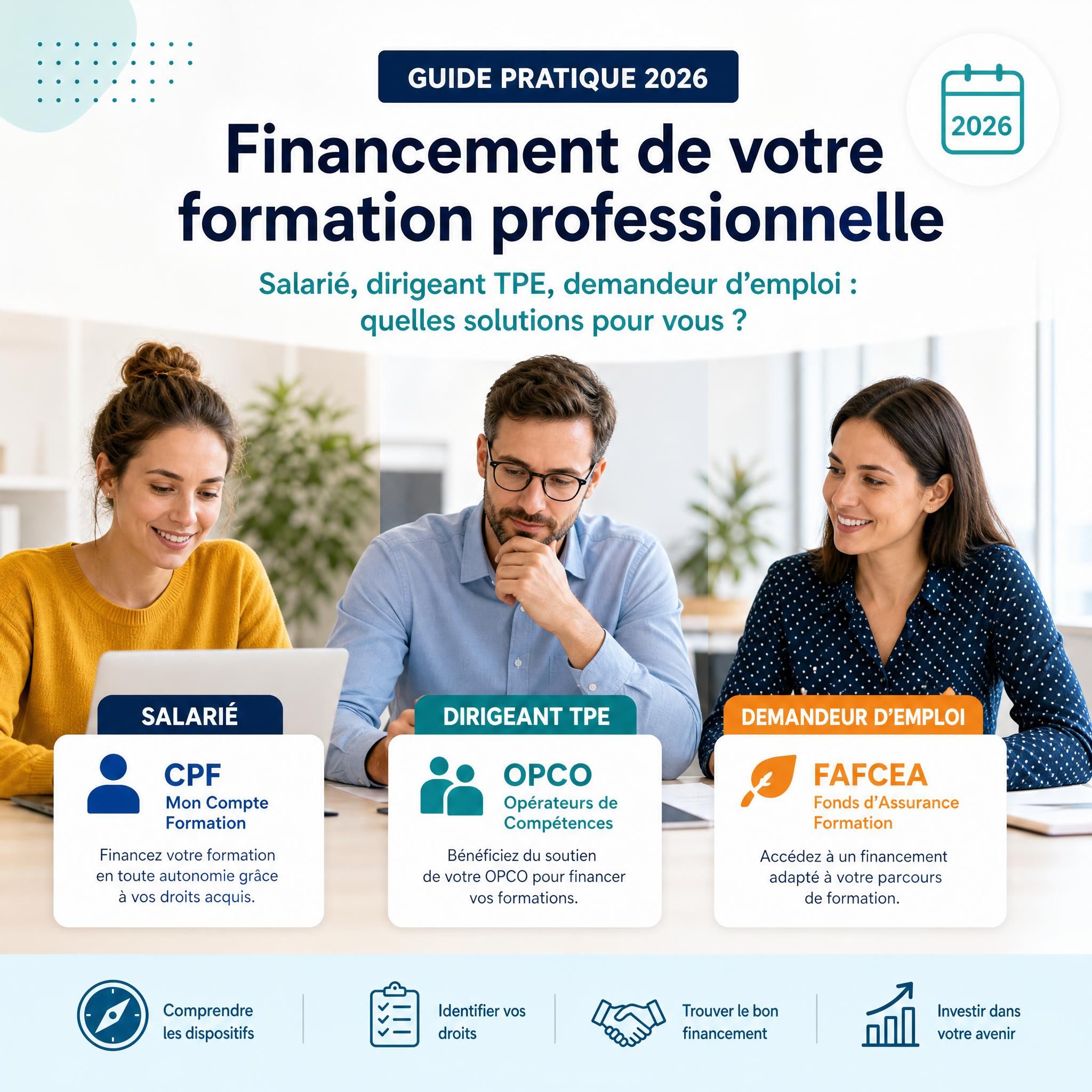 Guide pratique financement formation professionnelle 2026 - salarié, dirigeant TPE, demandeur d'emploi face à leurs options CPF OPCO FAFCEA