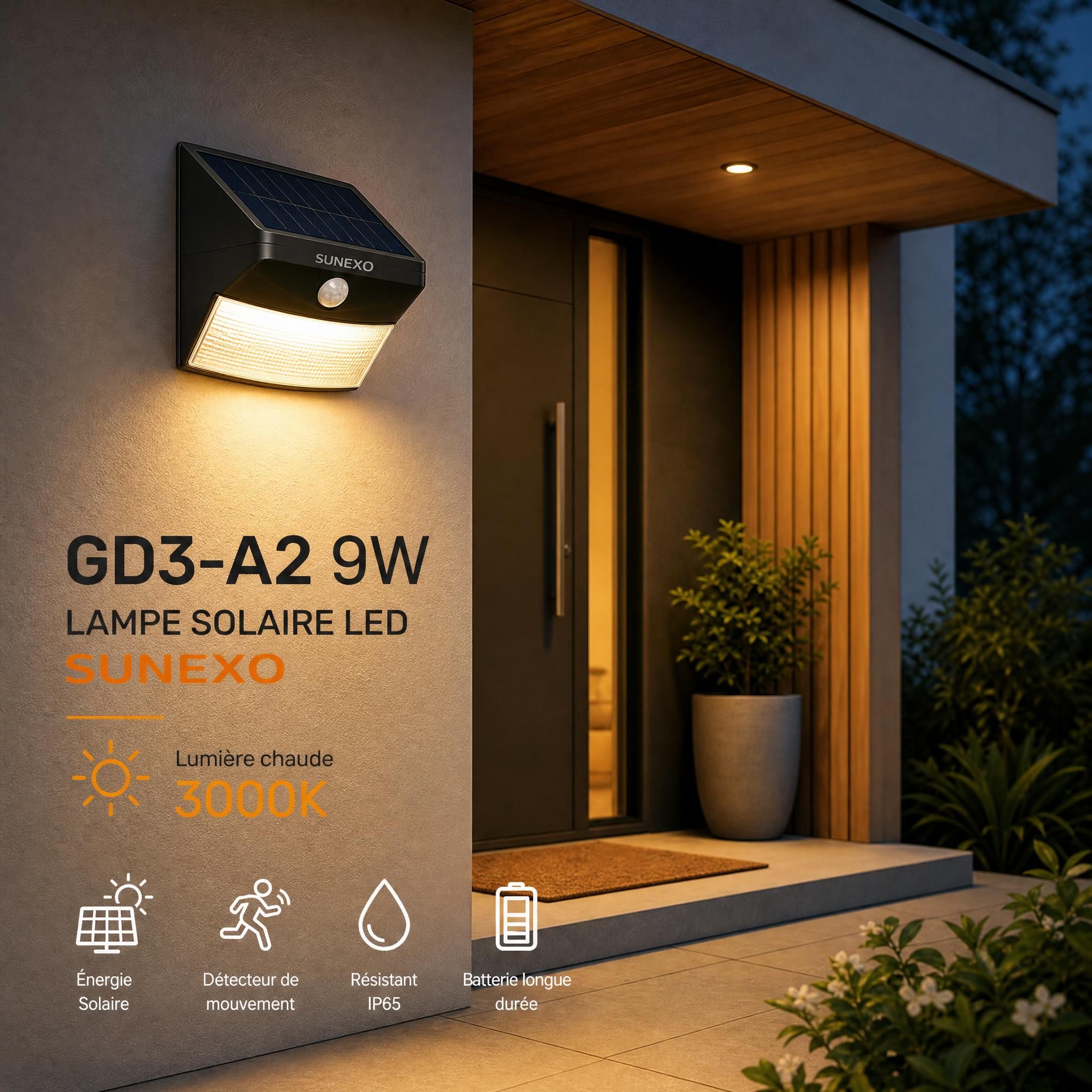 Lampe solaire LED GD3-A2 9W Sunexo – ambiance lumière chaude 3000K entrée maison