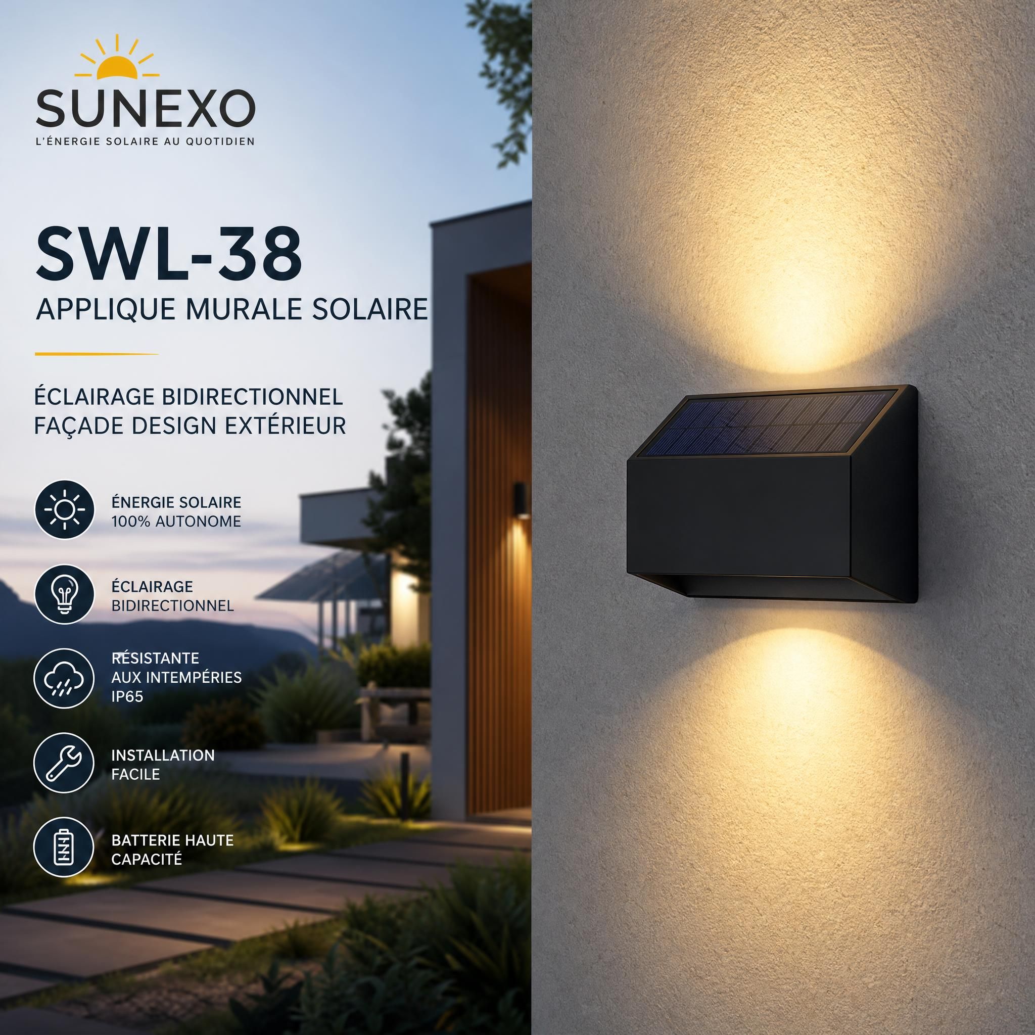 Applique murale solaire SWL-38 Sunexo – éclairage bidirectionnel façade design extérieur