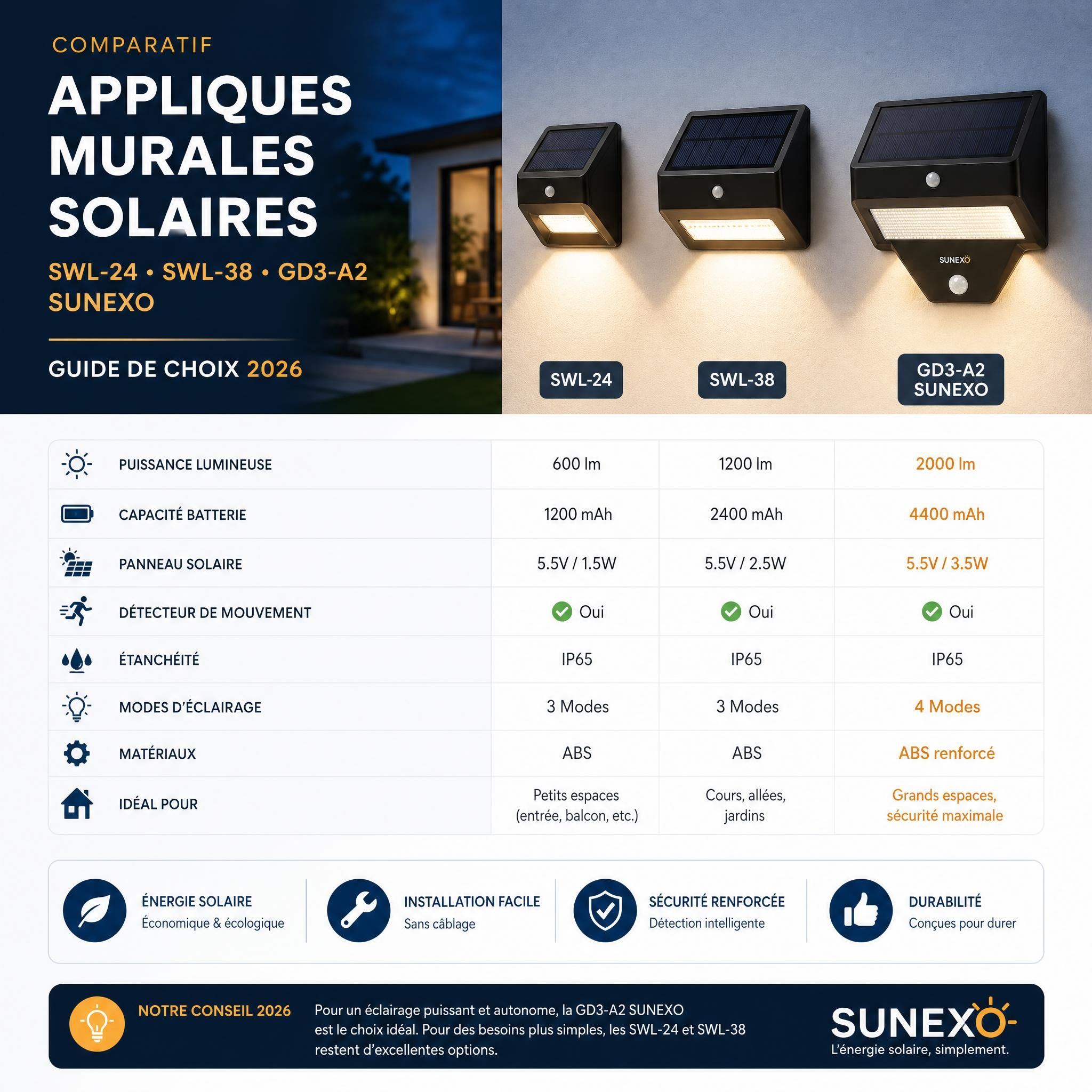 Comparatif appliques murales solaires SWL-24 SWL-38 GD3-A2 Sunexo – guide de choix 2026