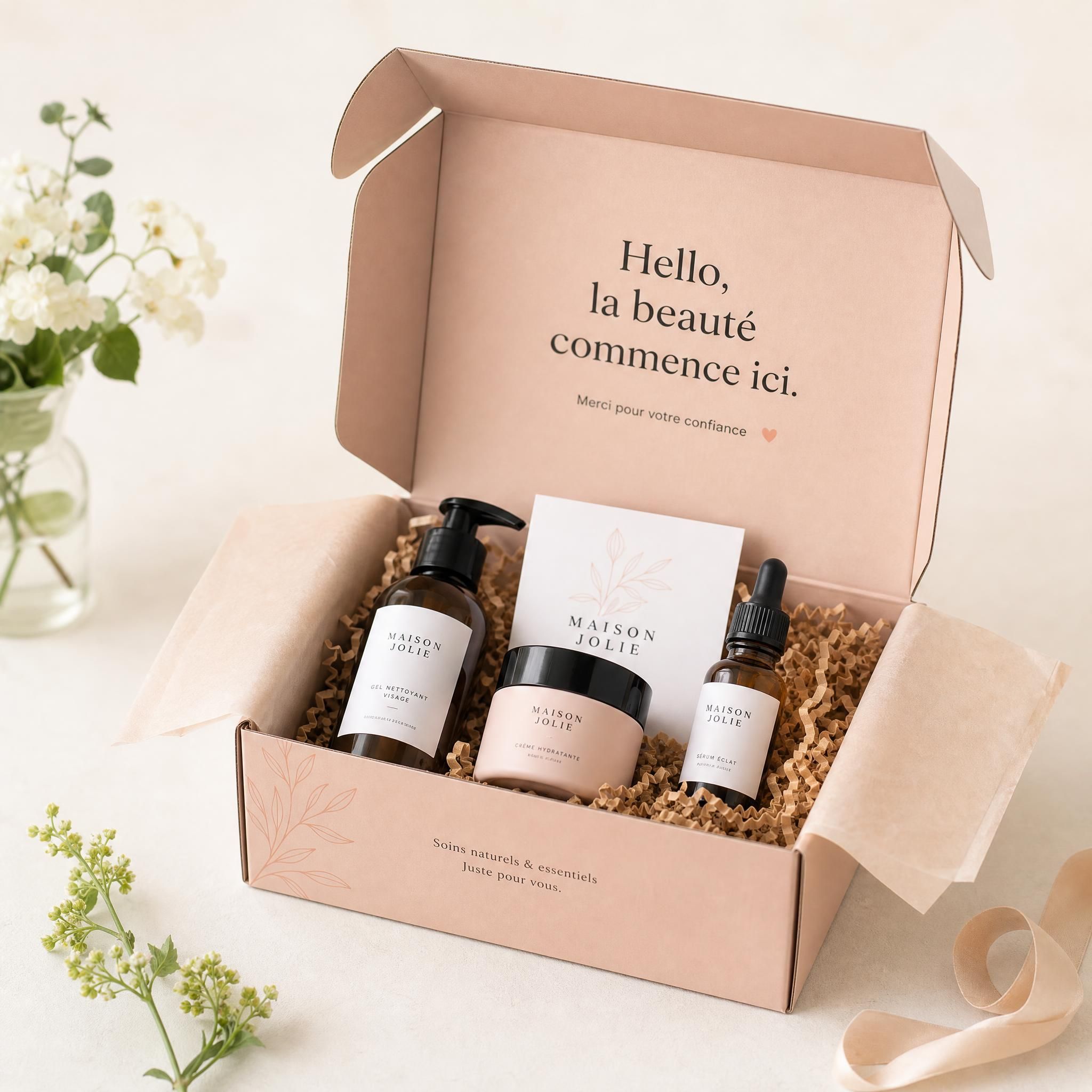 Expérience unboxing packaging personnalisé startup e-commerce - boîte premium ouverte avec produits beauté sur fond clair