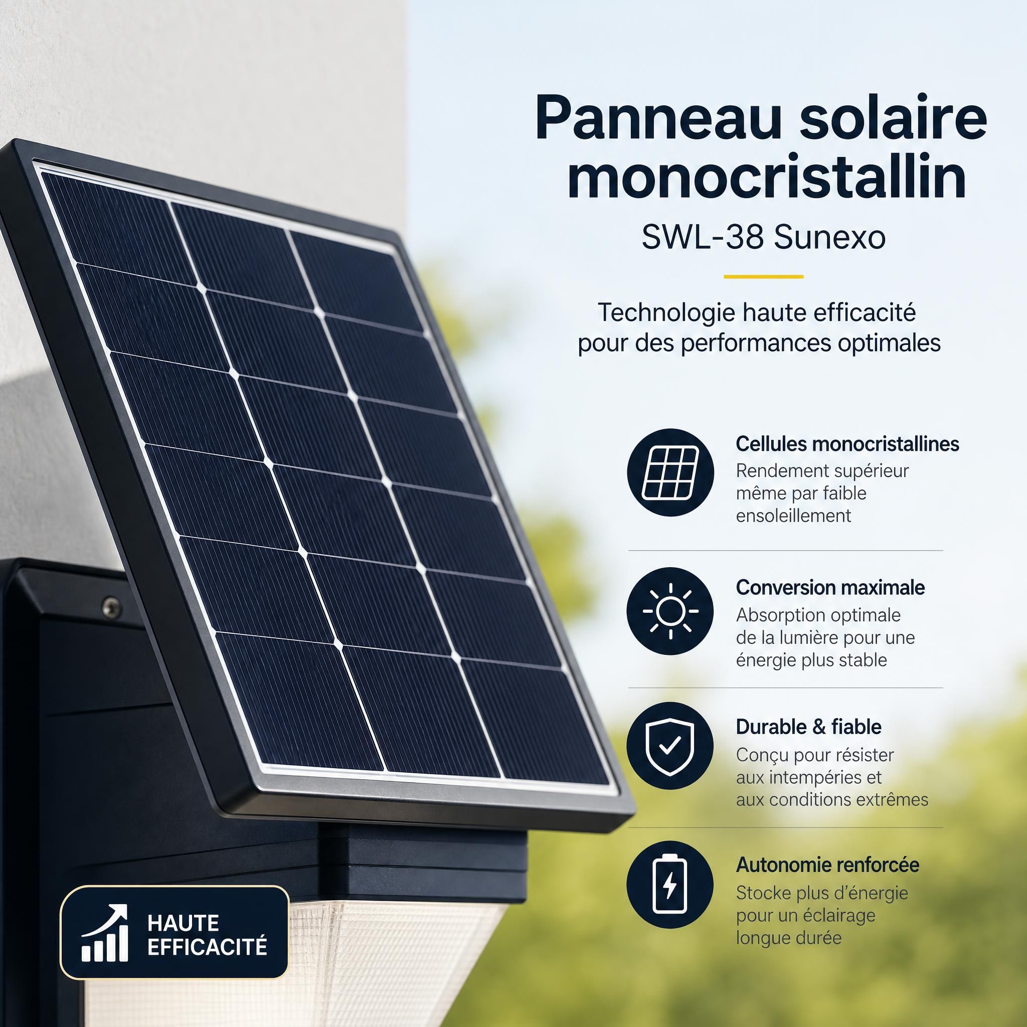 Détail du panneau solaire monocristallin de l'applique SWL-38 Sunexo, technologie haute efficacité