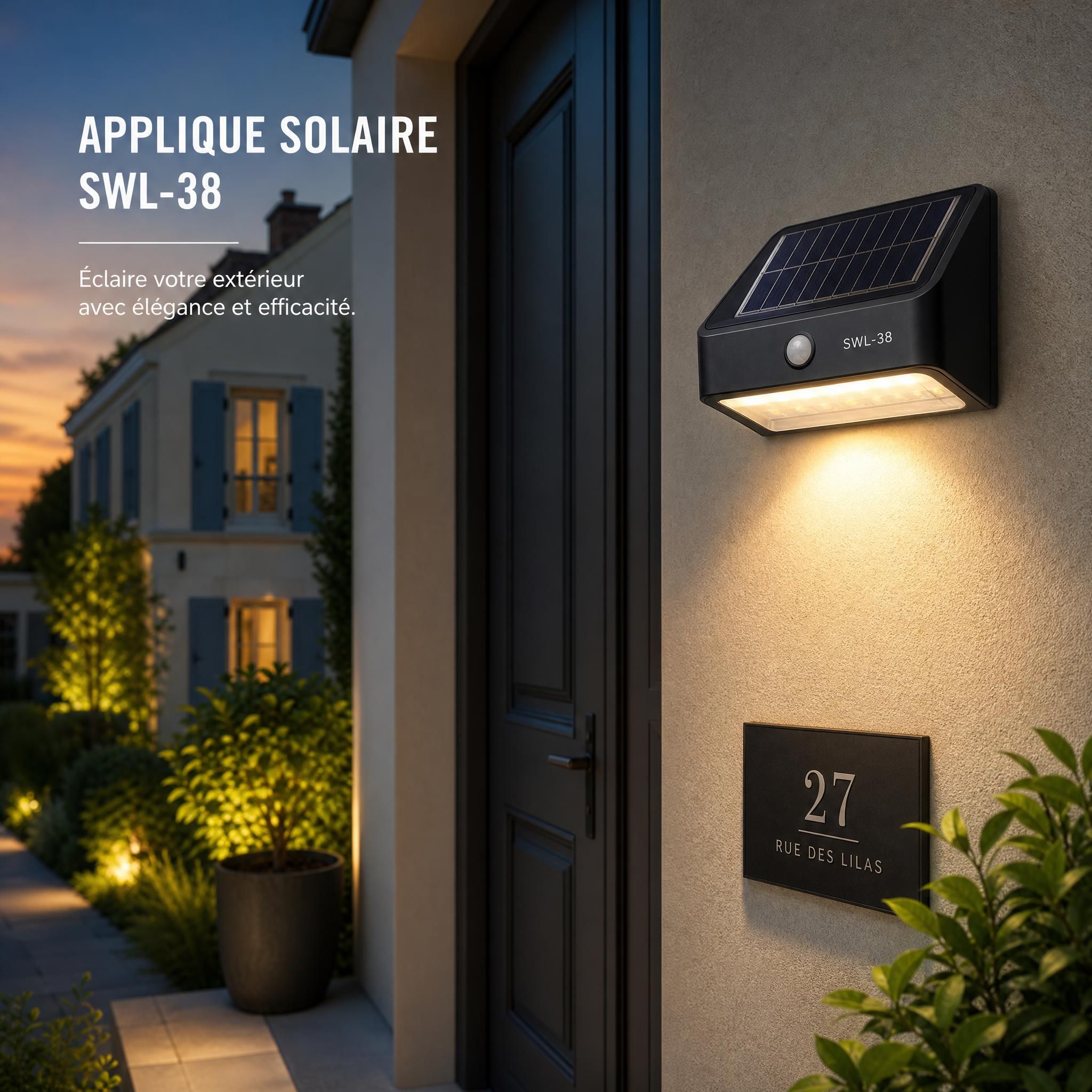 Applique solaire SWL-38 installée sur entrée de maison française, lumière LED activée en soirée