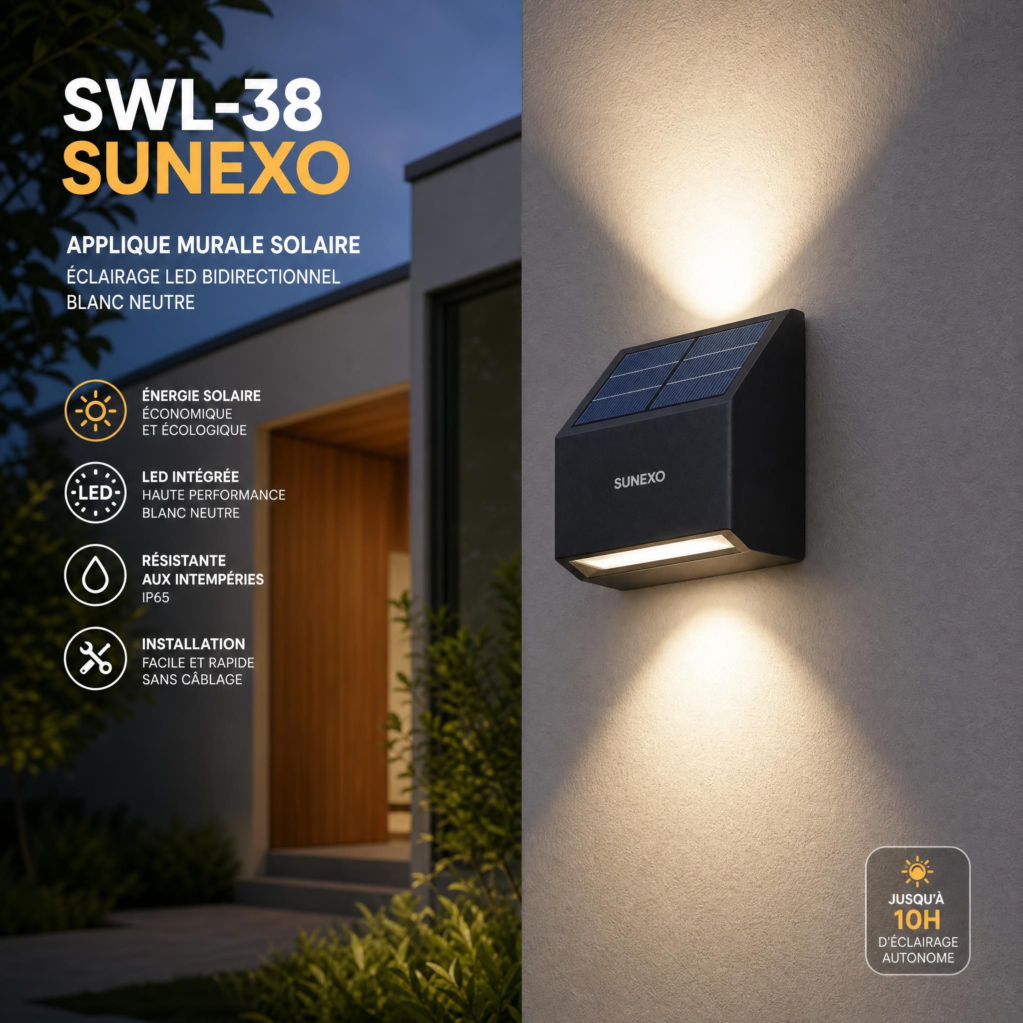 Applique murale solaire SWL-38 Sunexo fixée sur façade extérieure, éclairage LED bidirectionnel blanc neutre