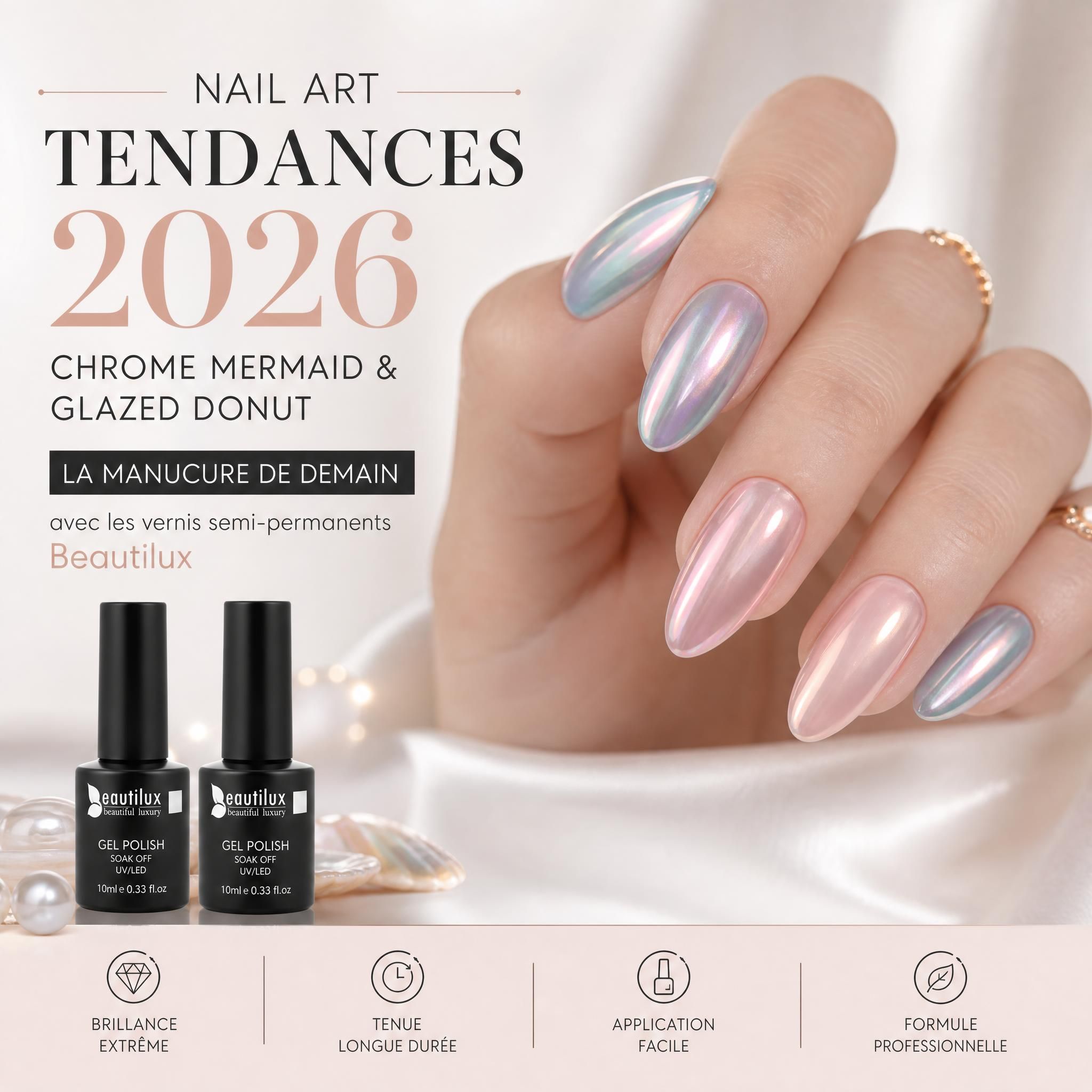 Nail art tendances 2026 - manucure professionnelle avec vernis semi-permanent Beautilux, effet chrome mermaid et glazed donut sur ongles en amande