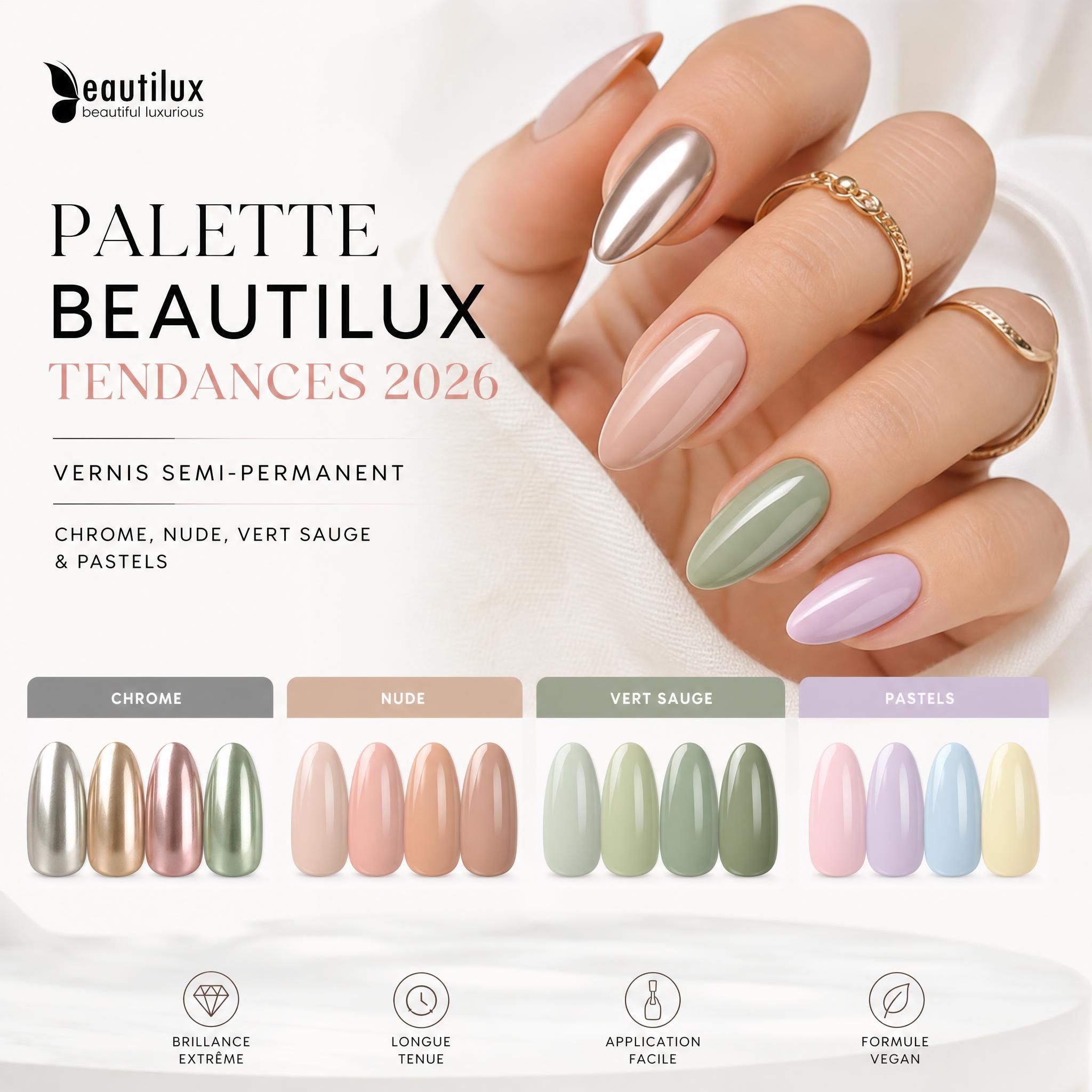 Palette de couleurs vernis semi-permanent Beautilux tendances 2026 - nuances chrome, nude, vert sauge et pastels sur ongles en amande