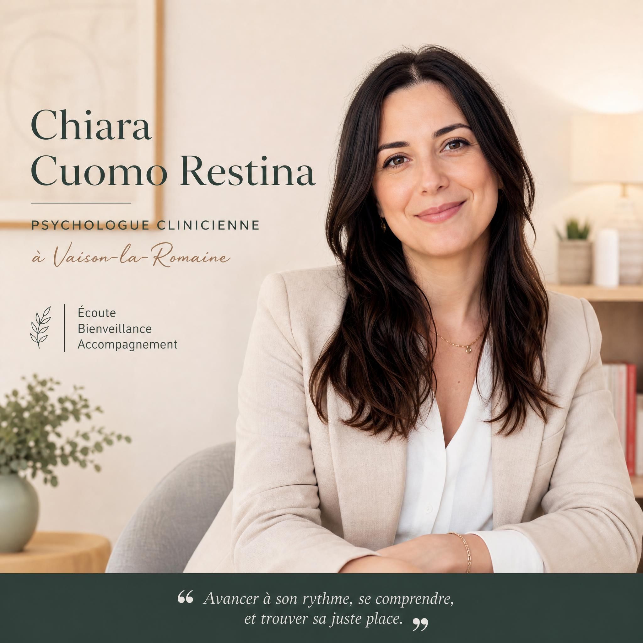 Chiara Cuomo Restina, psychologue clinicienne à Vaison-la-Romaine – portrait professionnel chaleureux