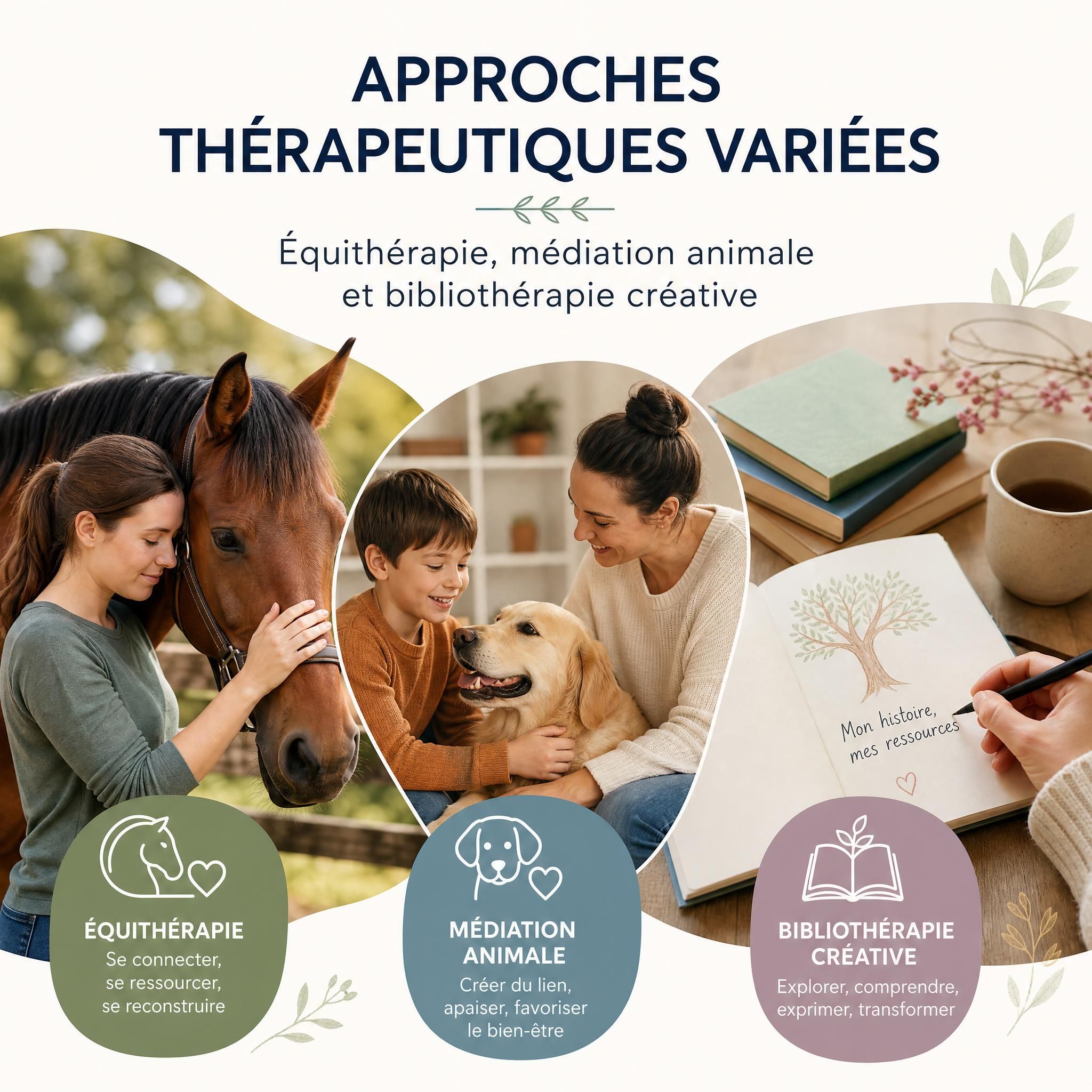 Approches thérapeutiques variées – équithérapie avec les chevaux et bibliothérapie créative, médiation animale et livres