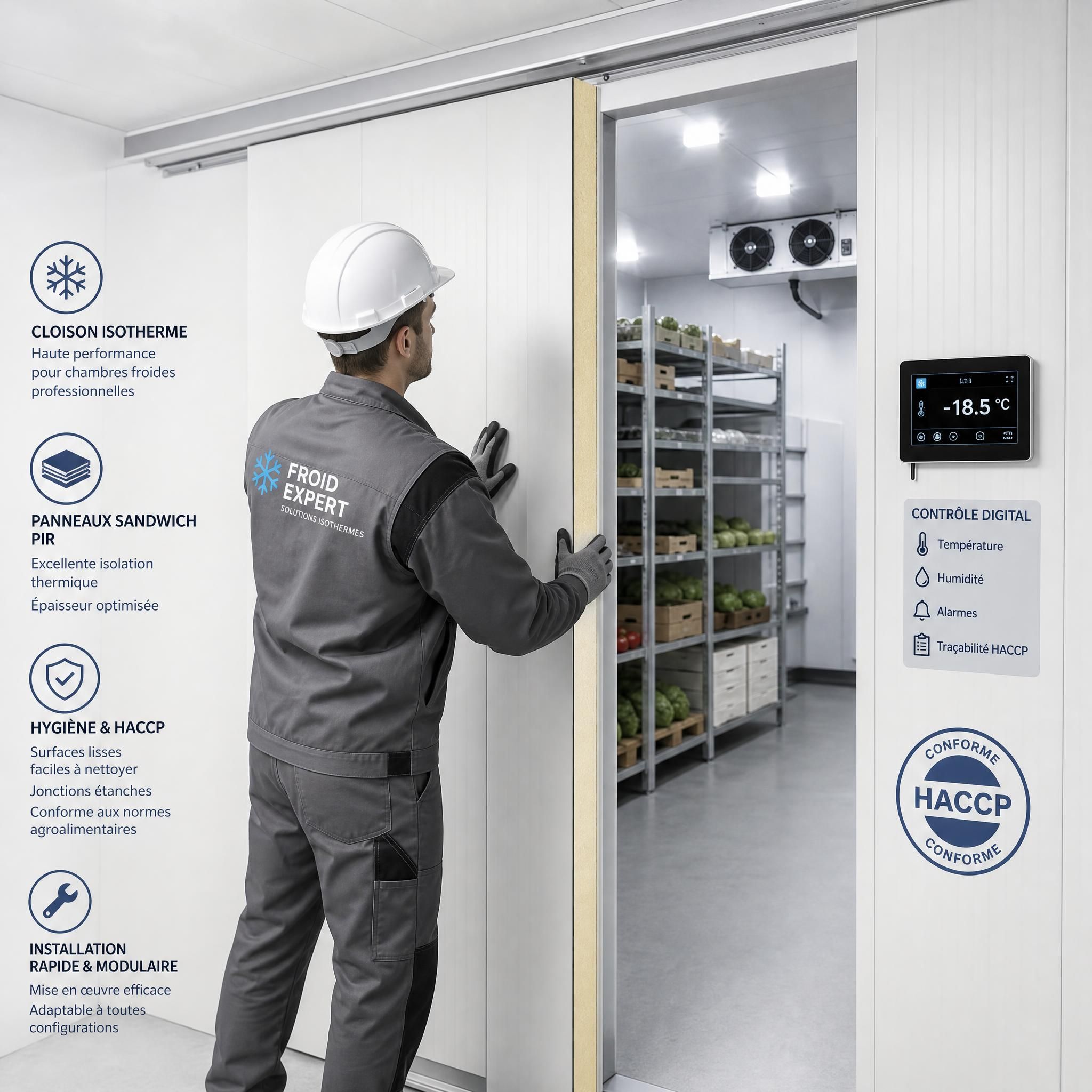 Technicien installant une cloison isotherme dans une chambre froide professionnelle conforme HACCP, avec panneaux sandwich PIR haute performance et affichage de contrôle digital