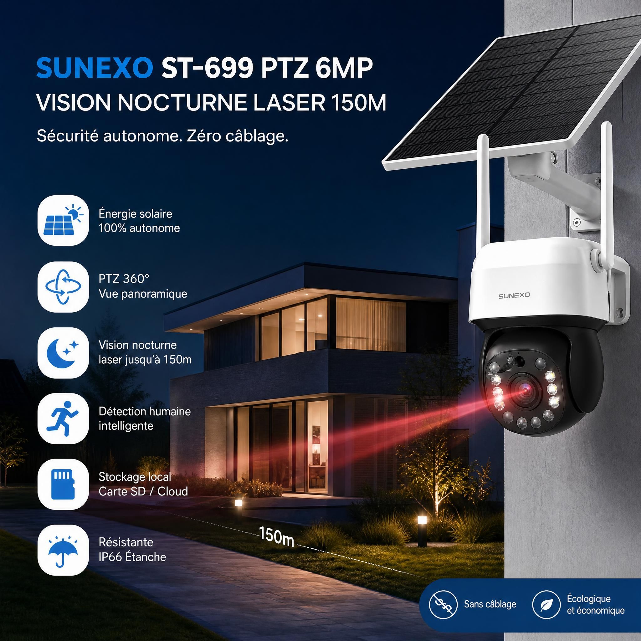 Caméra solaire Sunexo ST-699 PTZ 6MP installée sur façade de maison avec vision nocturne laser 150m — sécurité autonome sans câblage