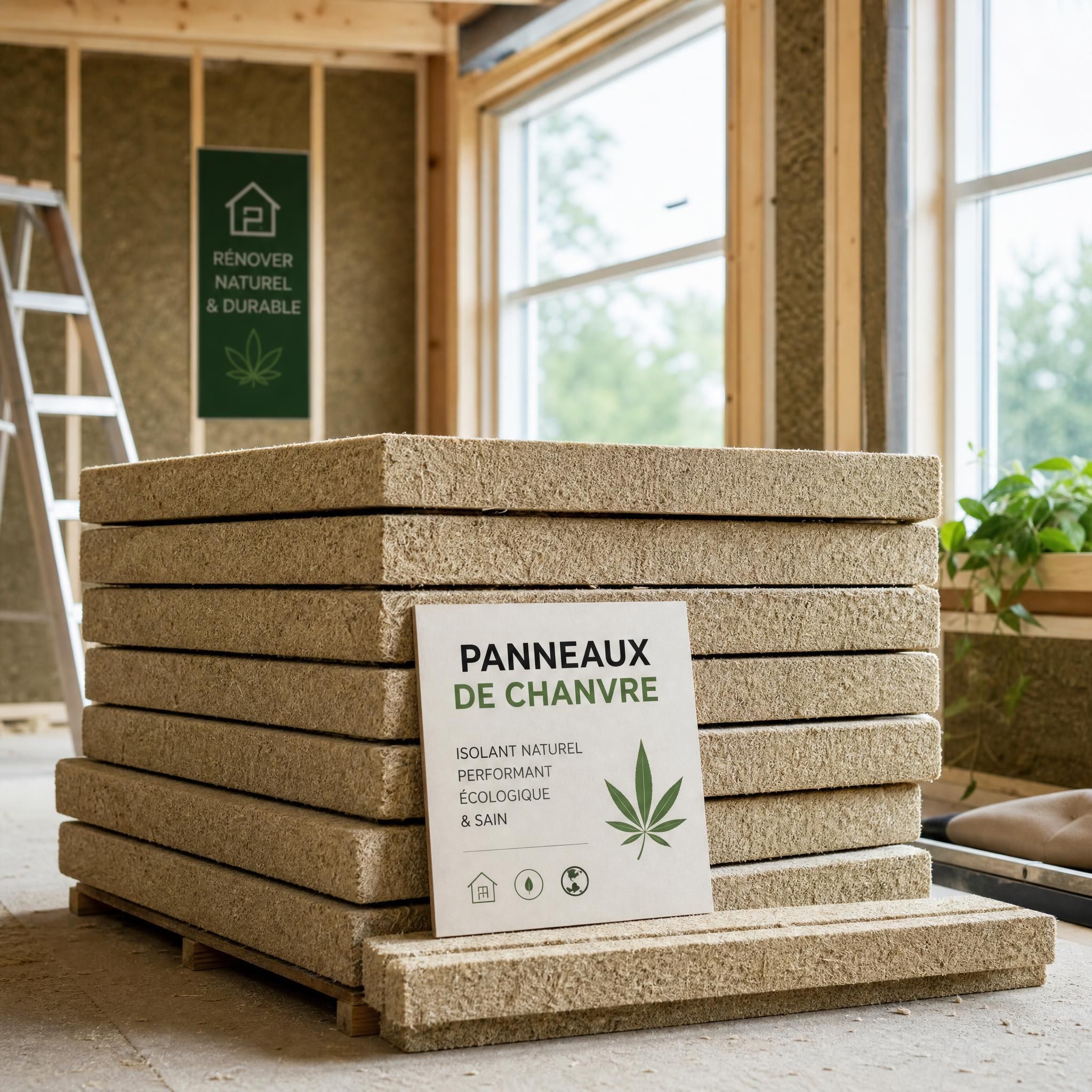 Panneaux de chanvre empilés sur un chantier de rénovation intérieure écologique