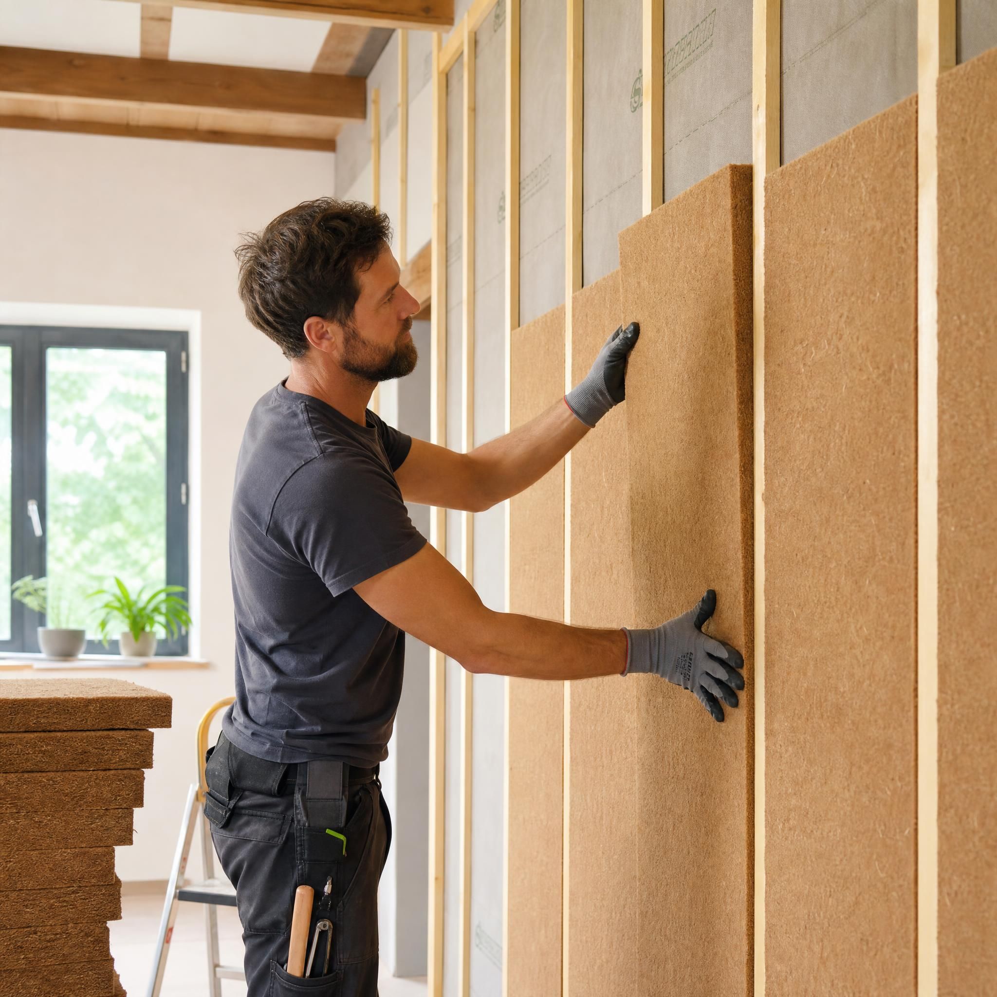 Artisan posant des panneaux de fibre de bois sur un mur intérieur lors d'une rénovation écologique