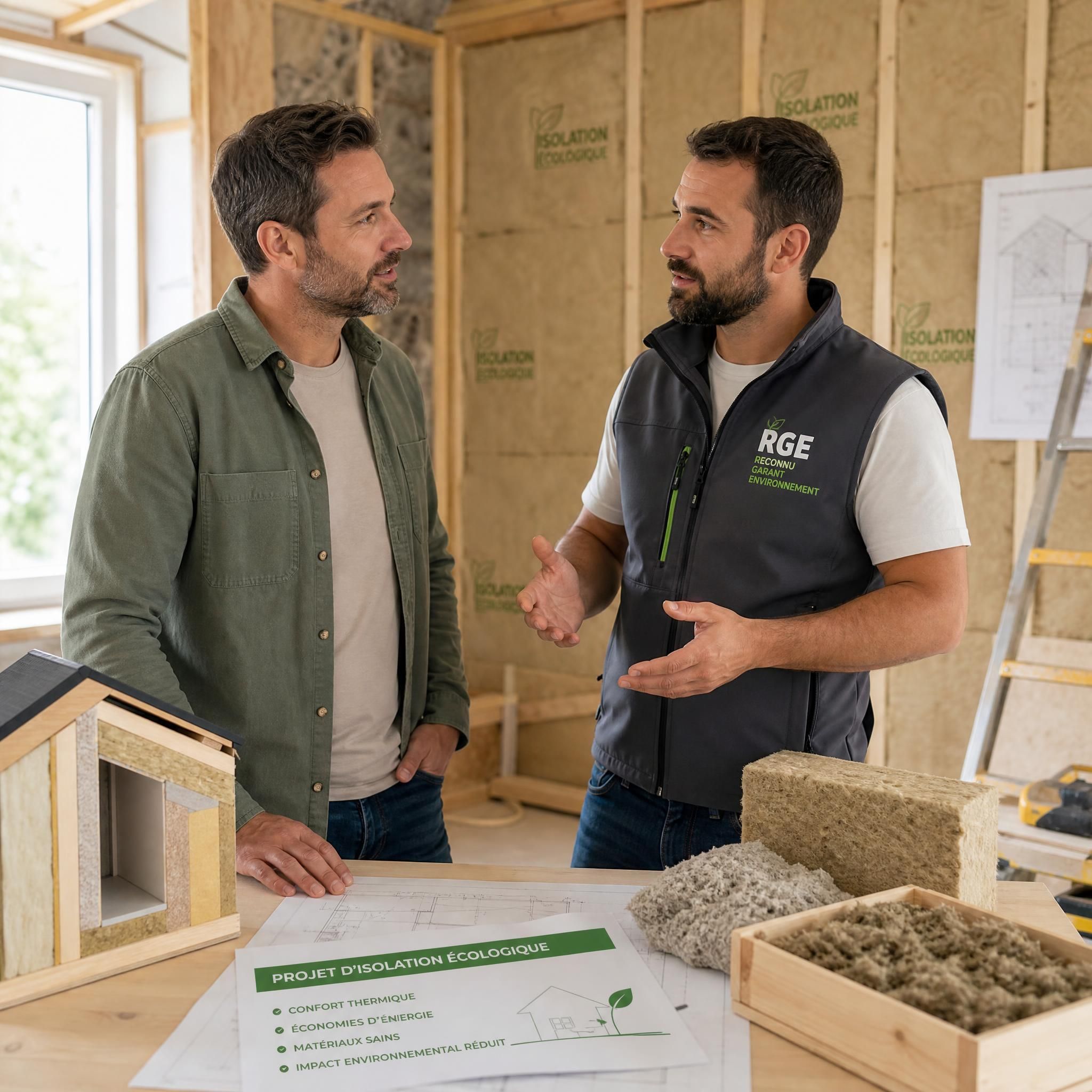 Propriétaire discutant d'un projet d'isolation écologique avec un artisan RGE sur un chantier de rénovation