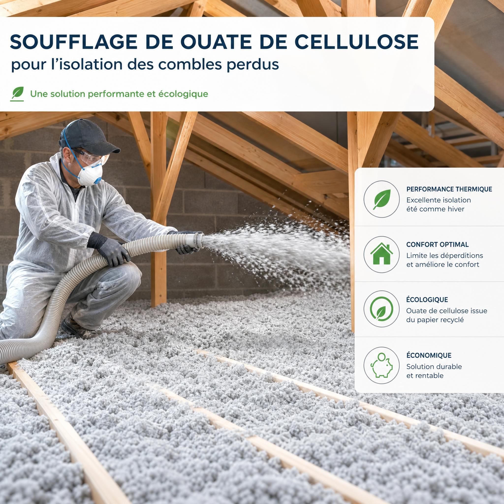 Soufflage de ouate de cellulose dans des combles perdus lors d'une rénovation énergétique