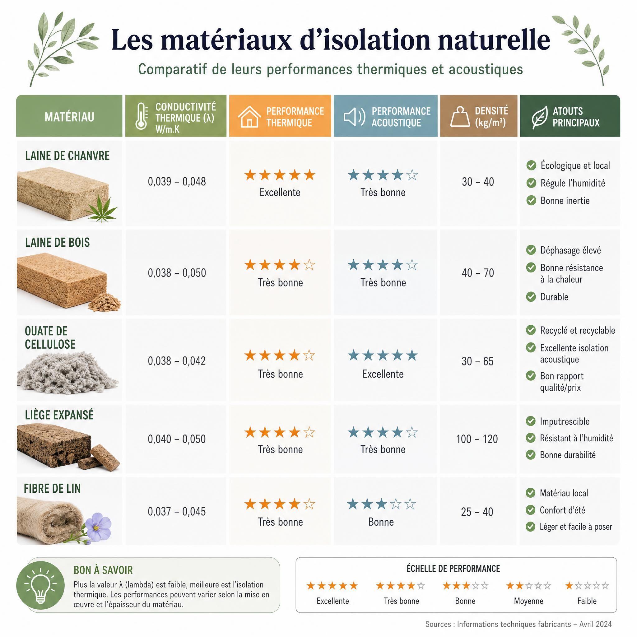 Tableau comparatif visuel des matériaux d'isolation naturelle avec leurs propriétés thermiques et acoustiques