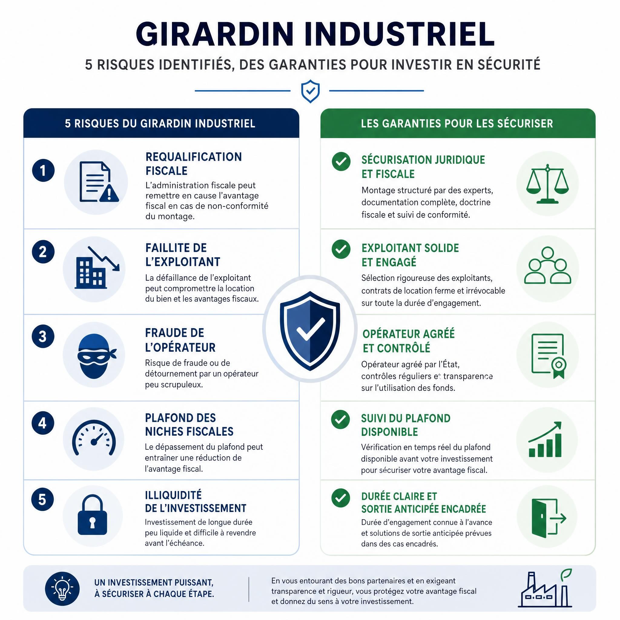 Schéma illustrant les 5 risques du Girardin Industriel et les garanties pour les sécuriser — requalification fiscale, faillite exploitant, fraude opérateur, plafond niches, illiquidité