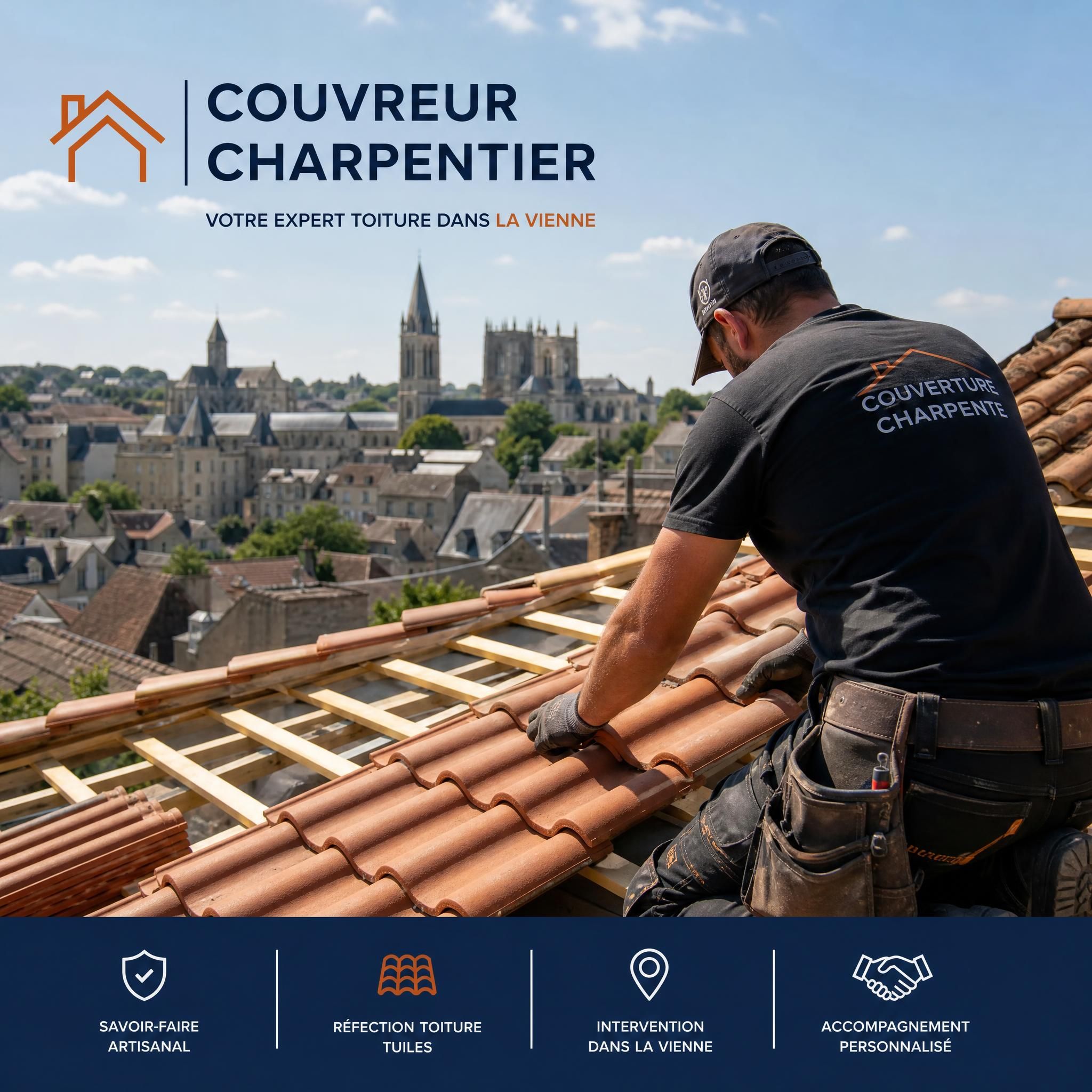 Artisan couvreur-charpentier réalisant une réfection de toiture en tuiles sur une maison individuelle dans la Vienne, avec vue sur les toits de Poitiers en arrière-plan