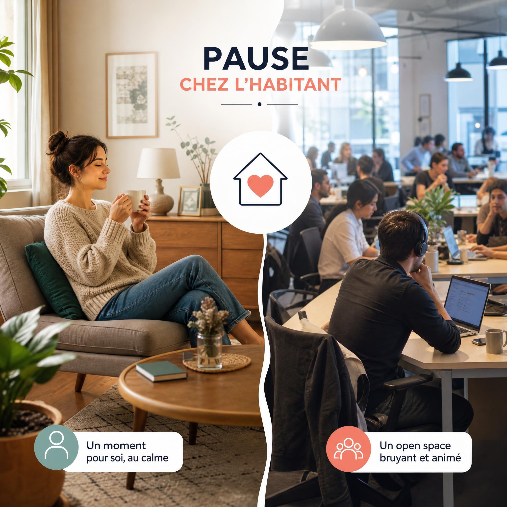 Personne au calme dans un salon particulier, en contraste avec un open space de coworking animé — illustration du concept de pause chez l'habitant