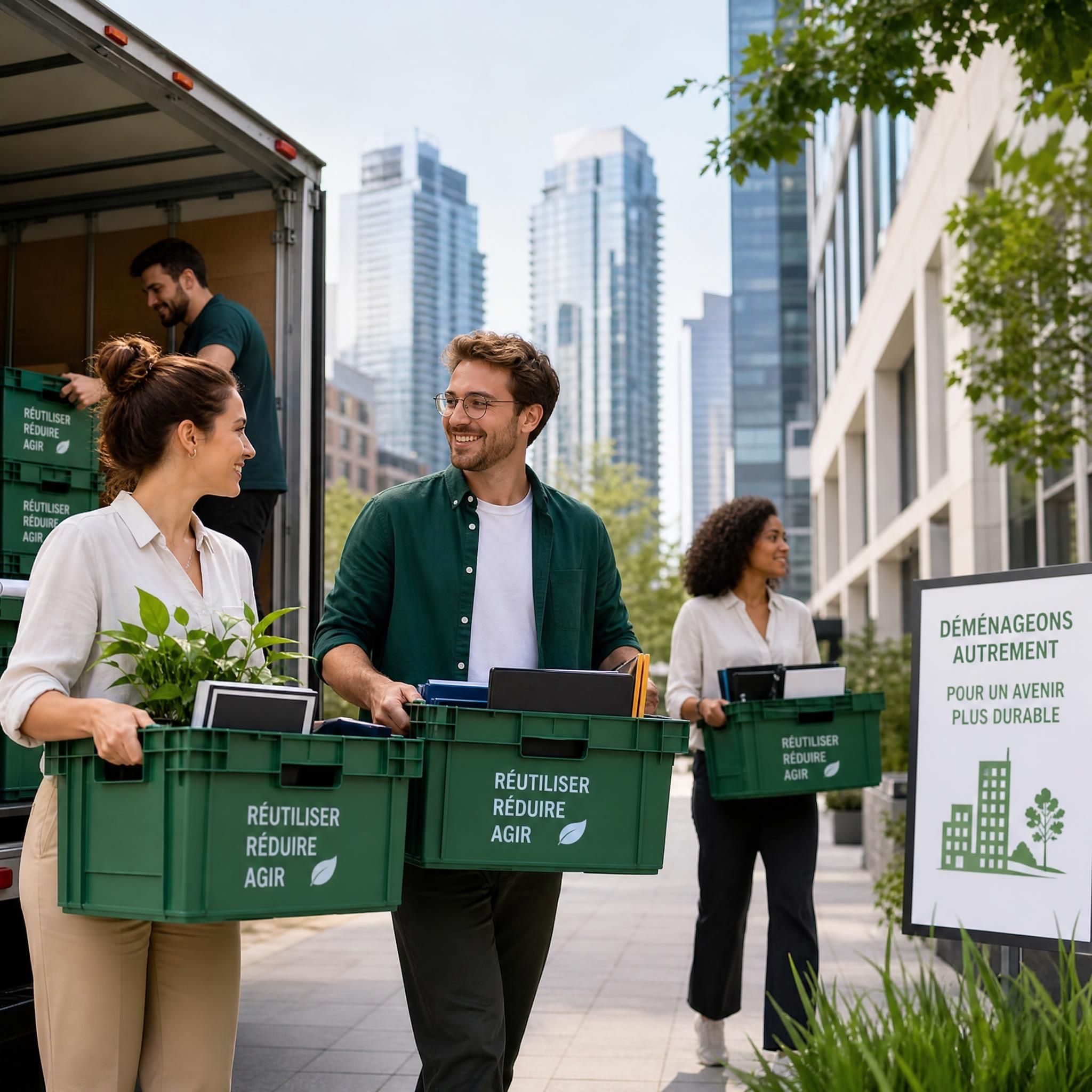 Équipe d'entreprise utilisant des caisses plastique réutilisables lors d'un déménagement écologique en milieu urbain