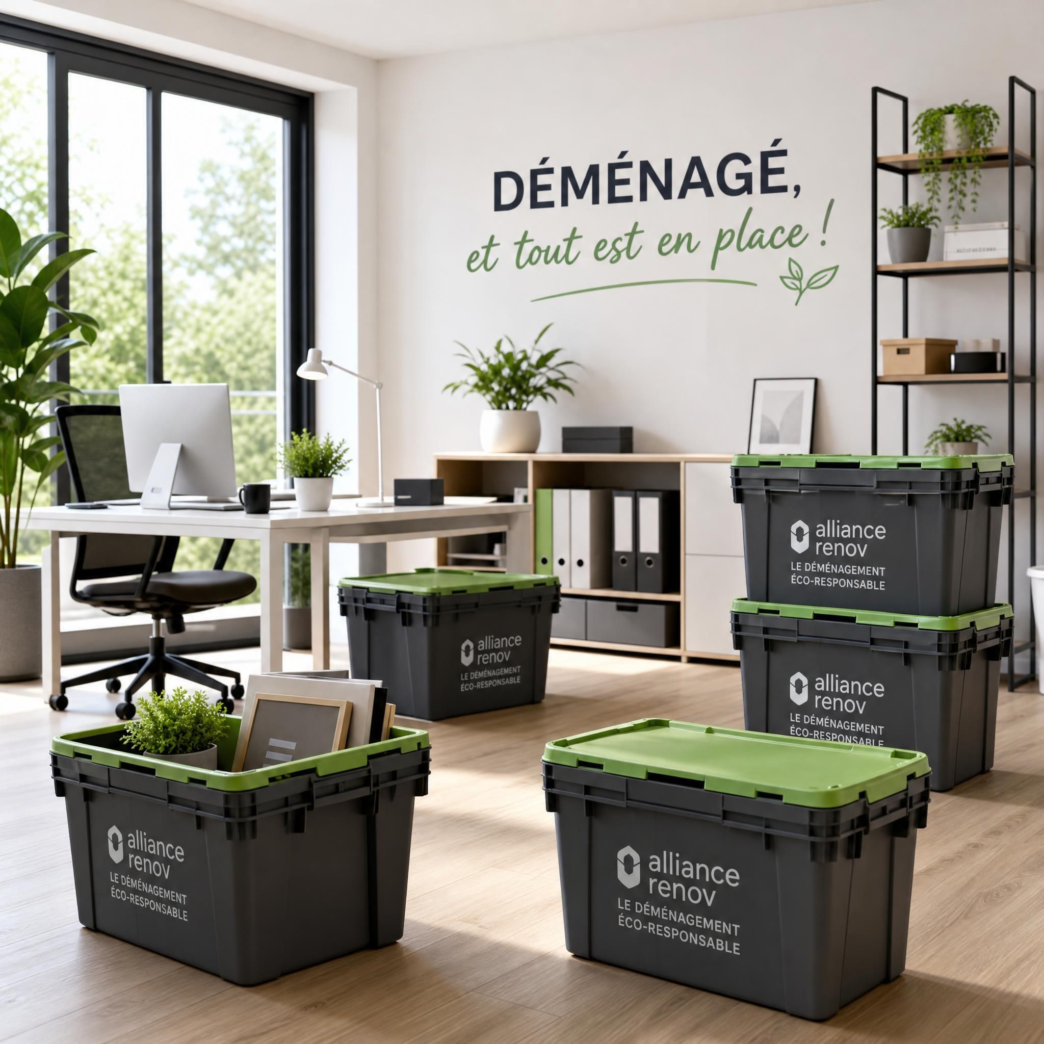 Bureau moderne et épuré après déménagement réussi avec caisses plastique réutilisables, sans cartons ni déchets