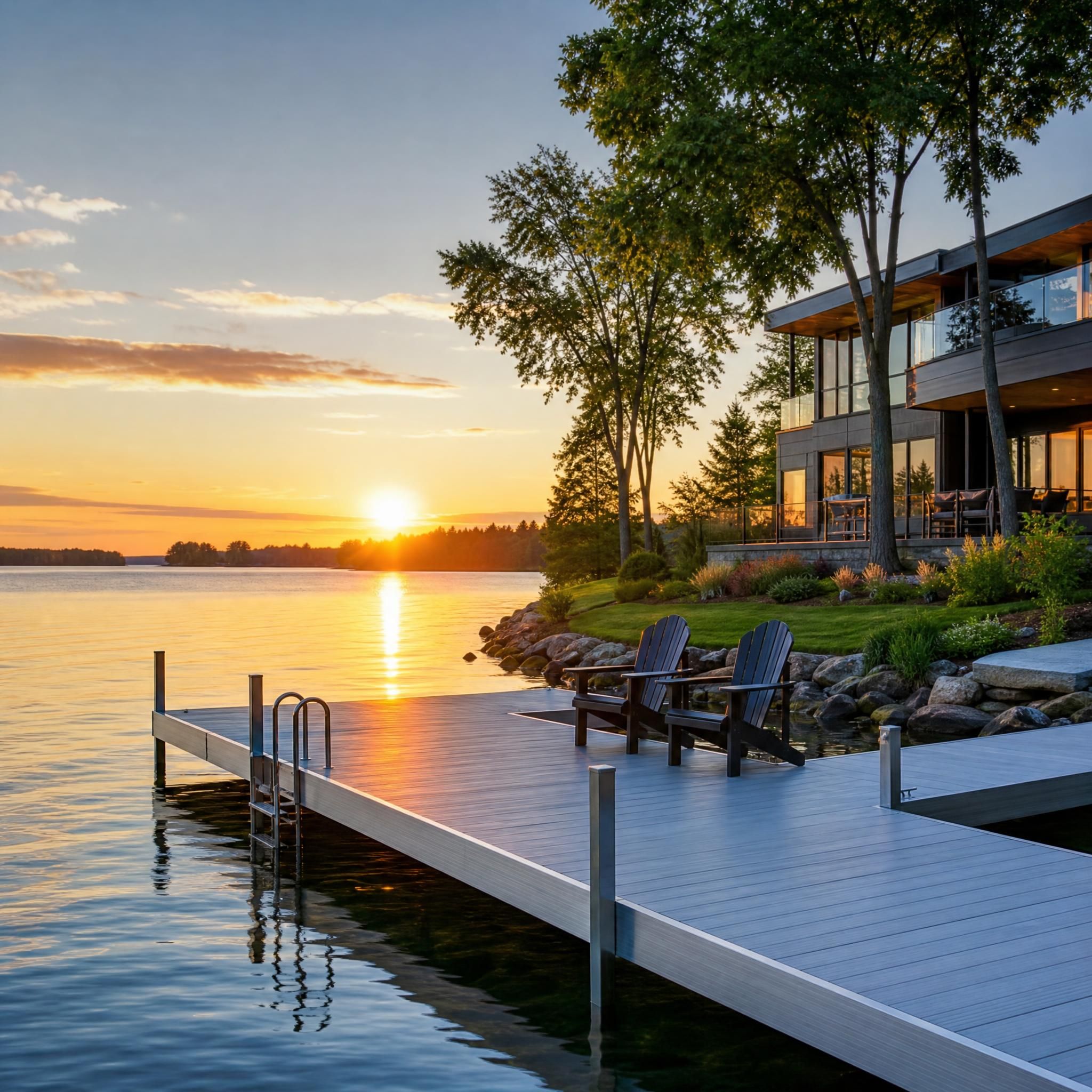 Magnifique propriété riveraine au coucher du soleil avec un quai en aluminium moderne, lac calme, région de Vaudreuil-Soulanges, Québec