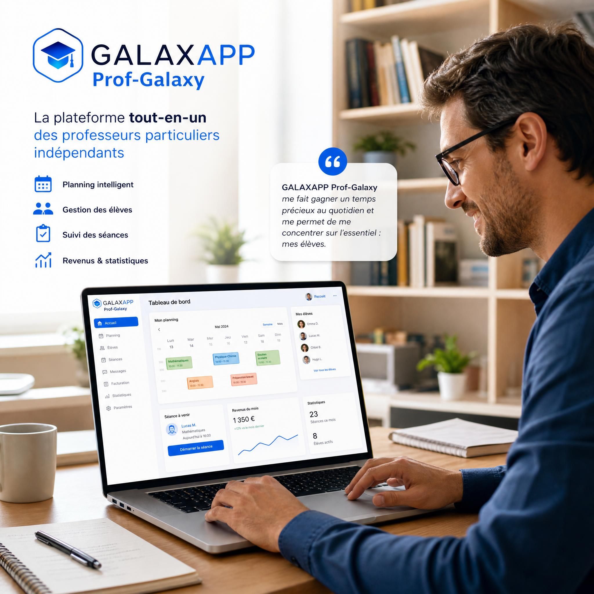 Professeur particulier indépendant utilisant une plateforme numérique moderne sur son ordinateur pour gérer son planning et ses élèves — interface GALAXAPP Prof-Galaxy