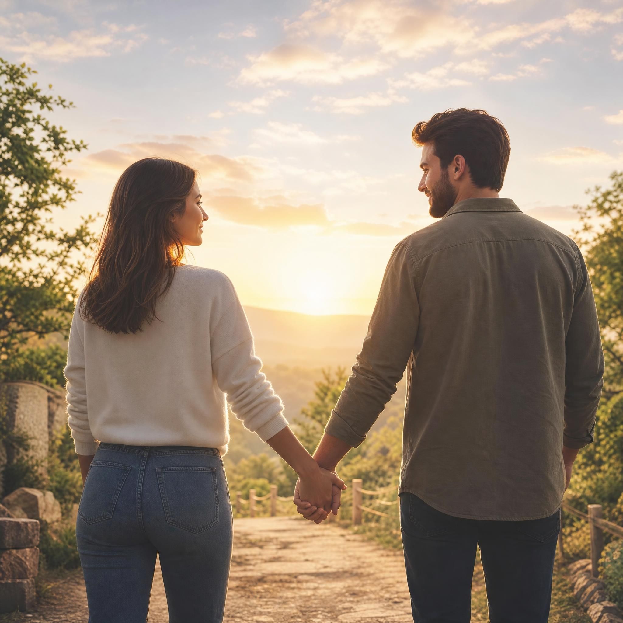 Couple se tenant la main après une période de crise, lumière douce symbolisant la réconciliation et l'espoir