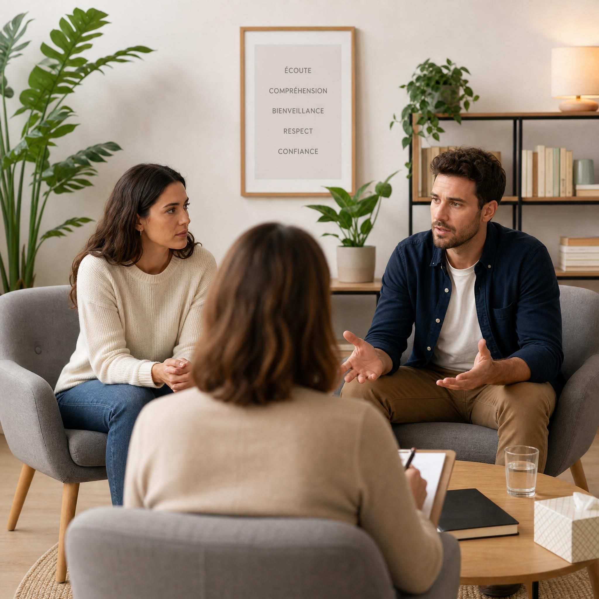 Couple assis face à face en consultation, cherchant de l'aide professionnelle pour surmonter une crise relationnelle