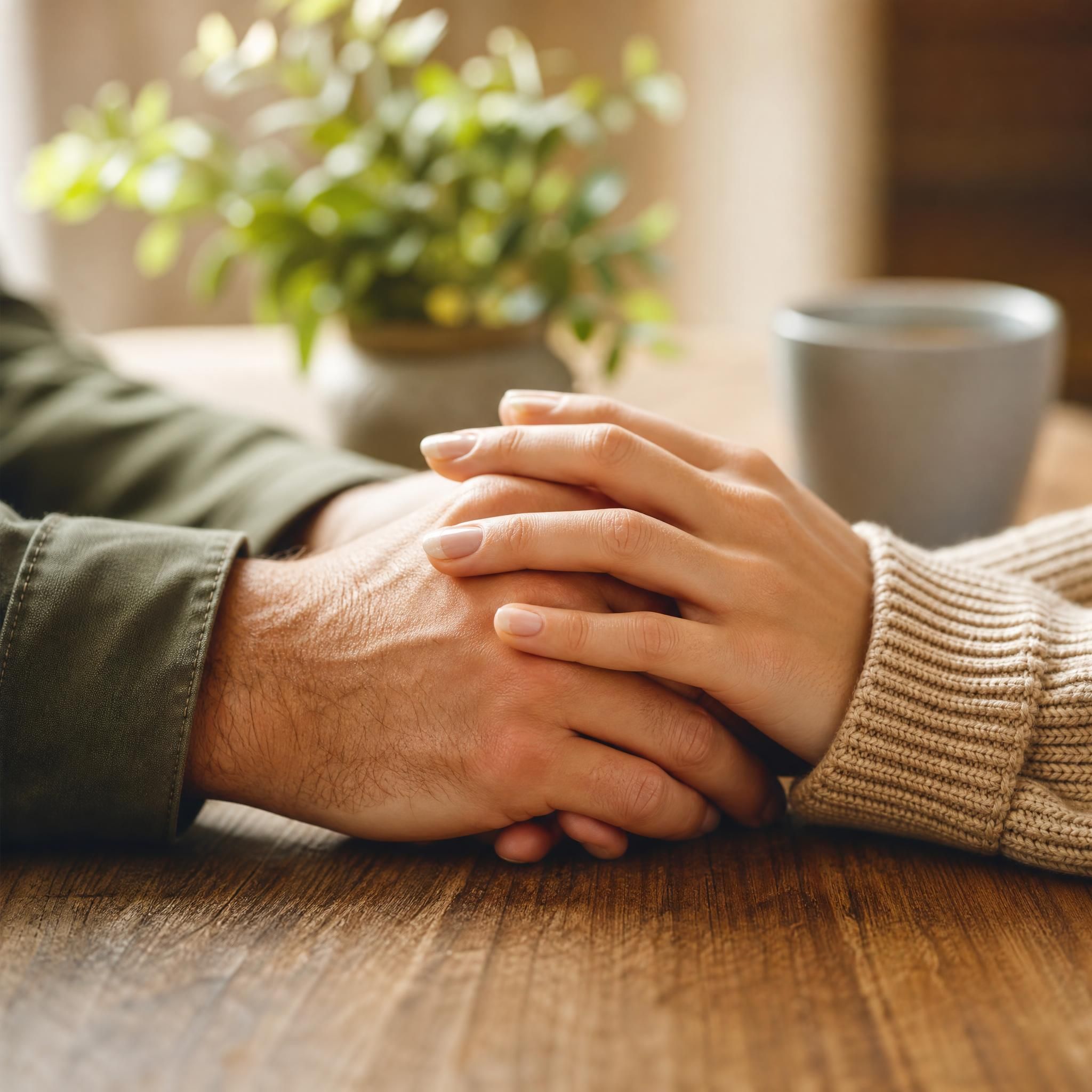 Deux mains entrelacées sur une table en bois, symbole de reconnexion et de reconstruction du lien amoureux
