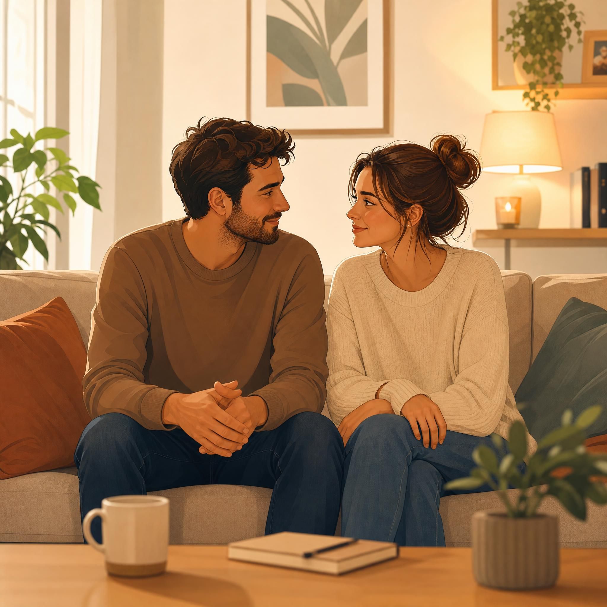 Couple assis côte à côte sur un canapé, se regardant avec bienveillance, lumière douce et chaleureuse — illustration d'un premier pas vers la reconstruction amoureuse