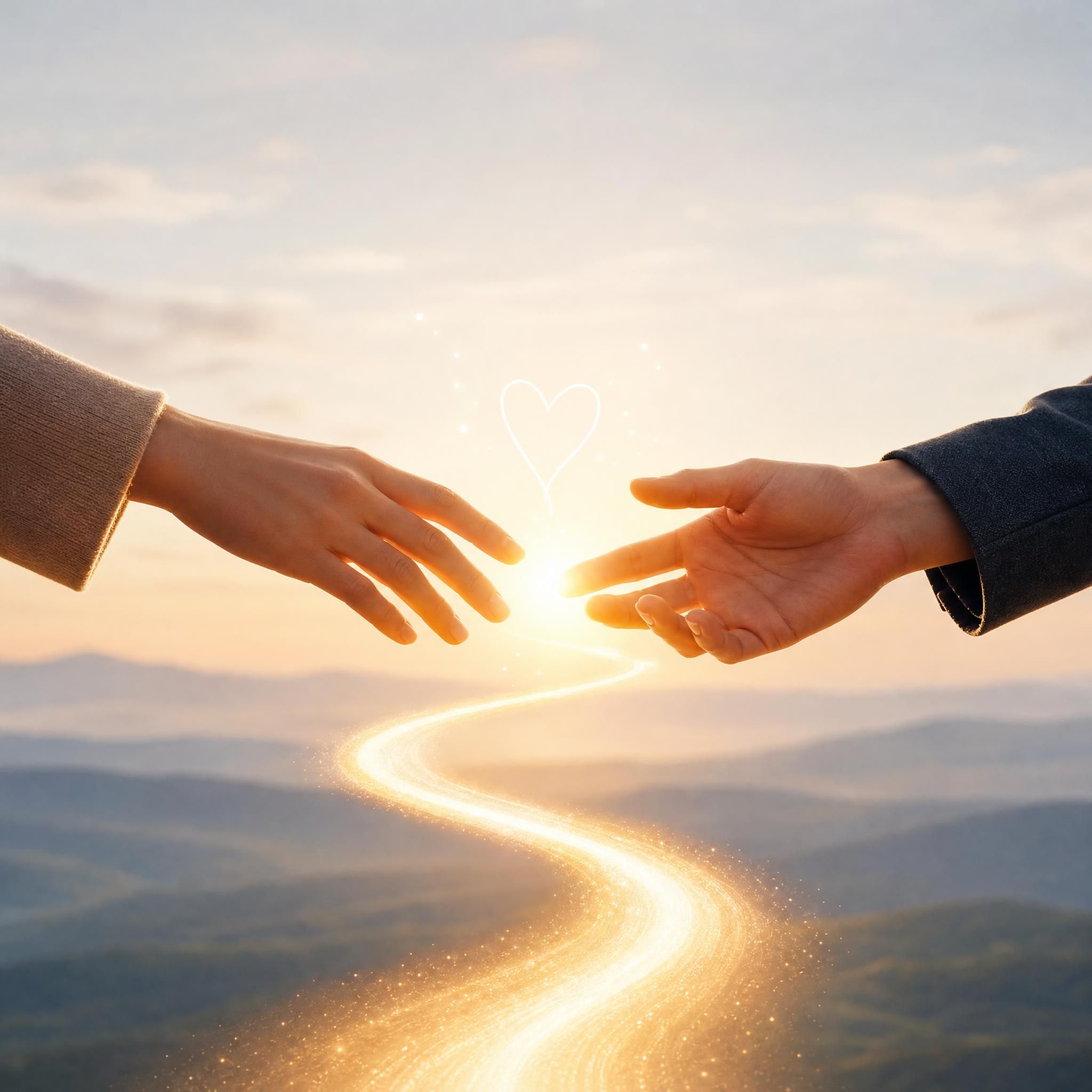 Illustration symbolique d'un chemin lumineux entre deux mains qui se rejoignent, représentant la reconstruction du lien amoureux