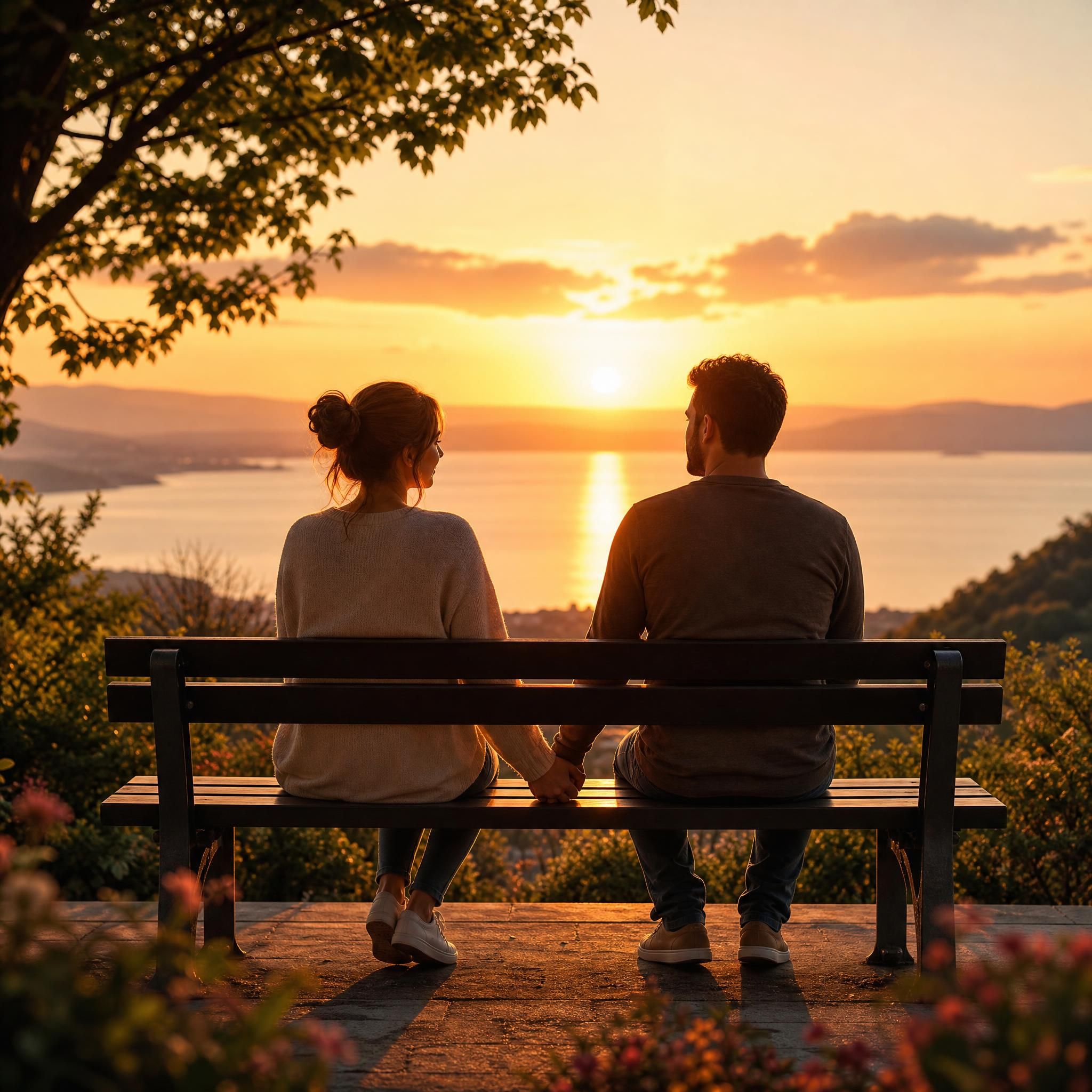 Couple se tenant la main sur un banc au coucher du soleil, symbolisant la reconstruction et l'espoir dans une relation amoureuse