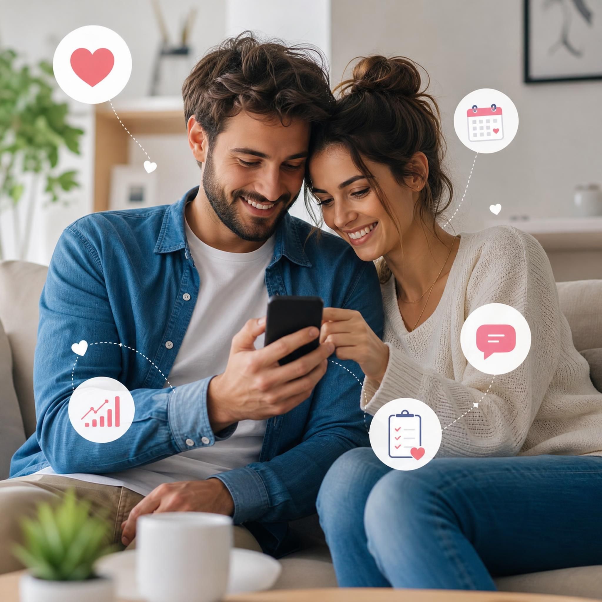 Couple regardant ensemble un écran de téléphone, symbolisant les outils numériques au service de la relation amoureuse