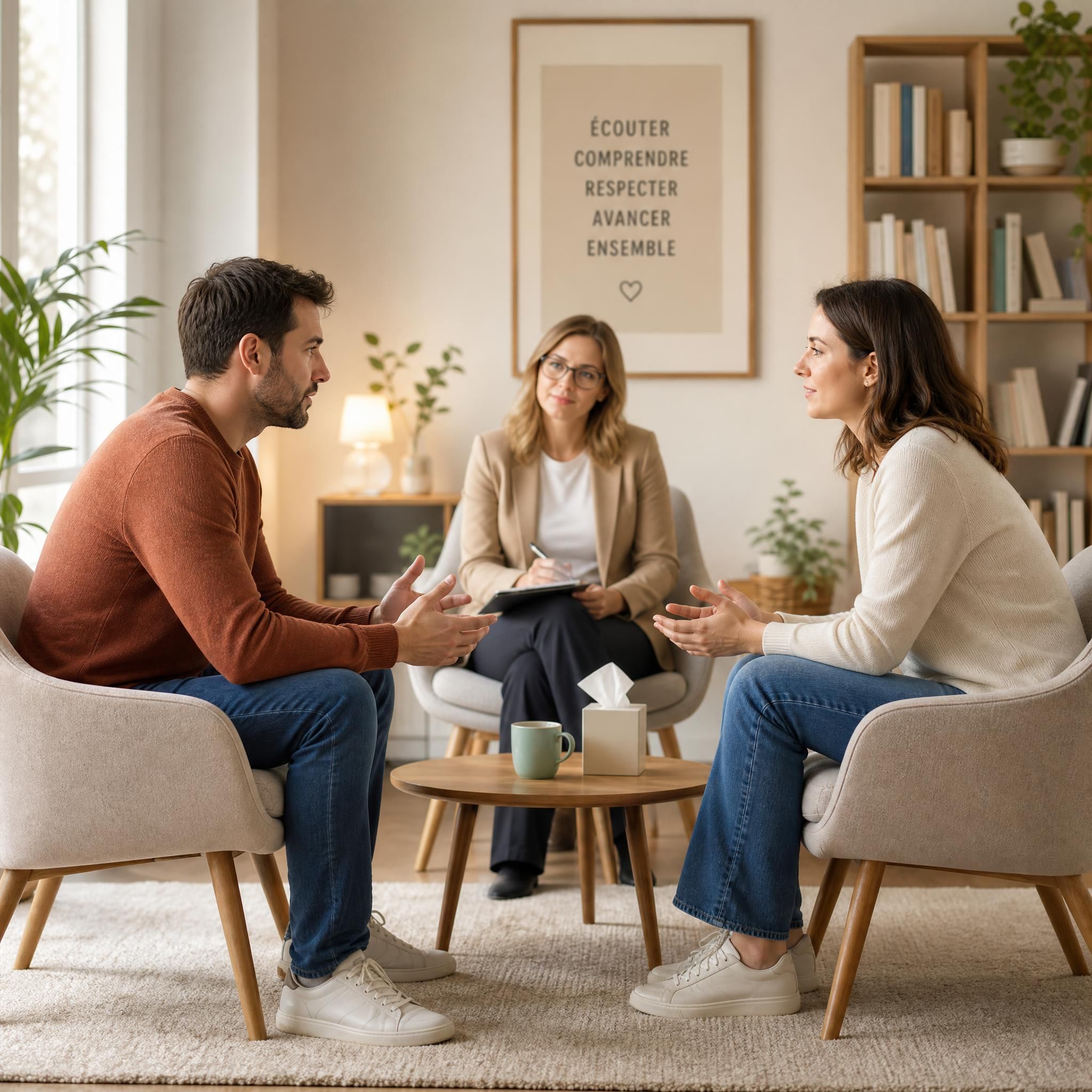 Couple assis face à face en thérapie, échangeant avec bienveillance dans un espace lumineux et chaleureux — illustration de la communication de couple en crise