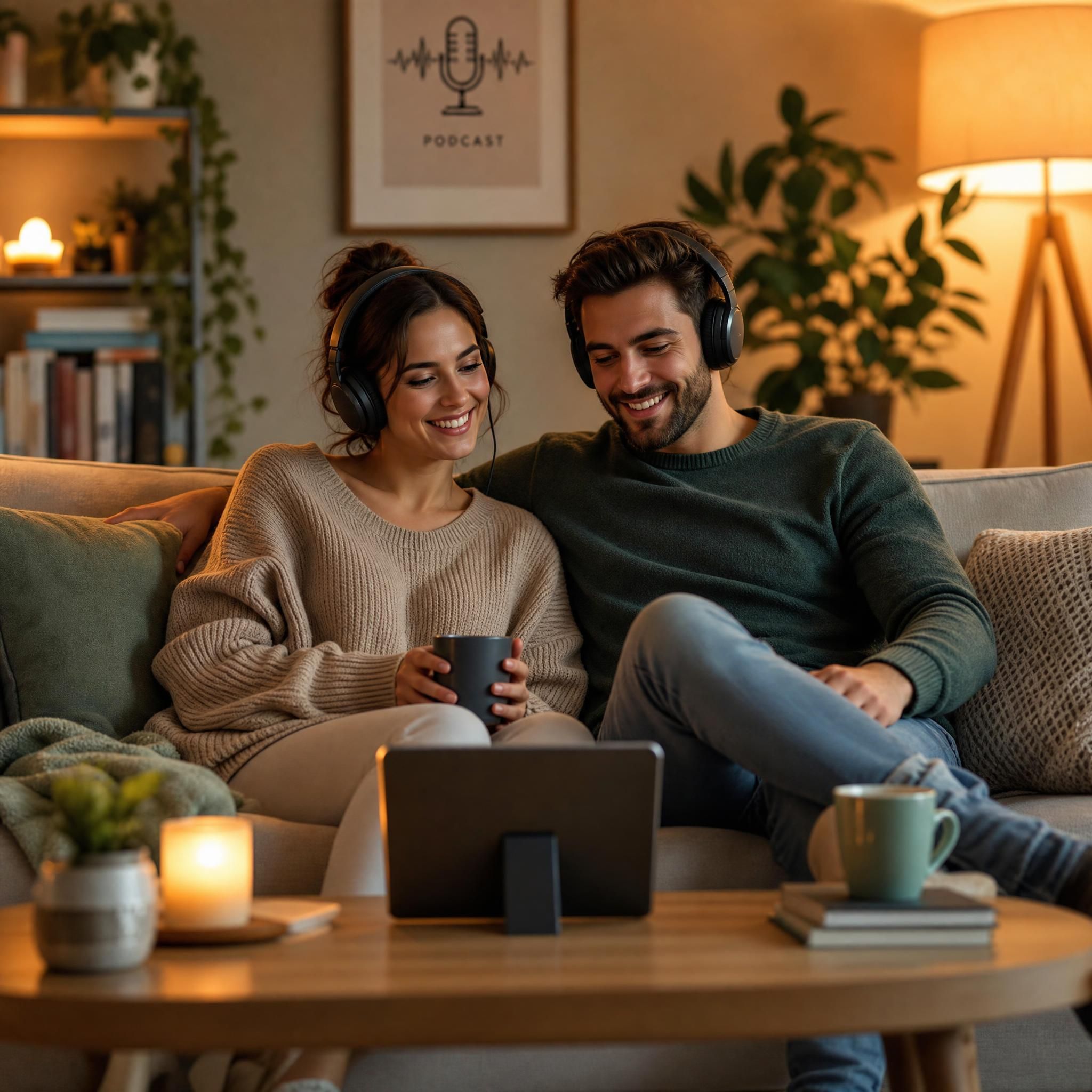 Couple écoutant un podcast ensemble sur un canapé, ambiance chaleureuse et apaisée