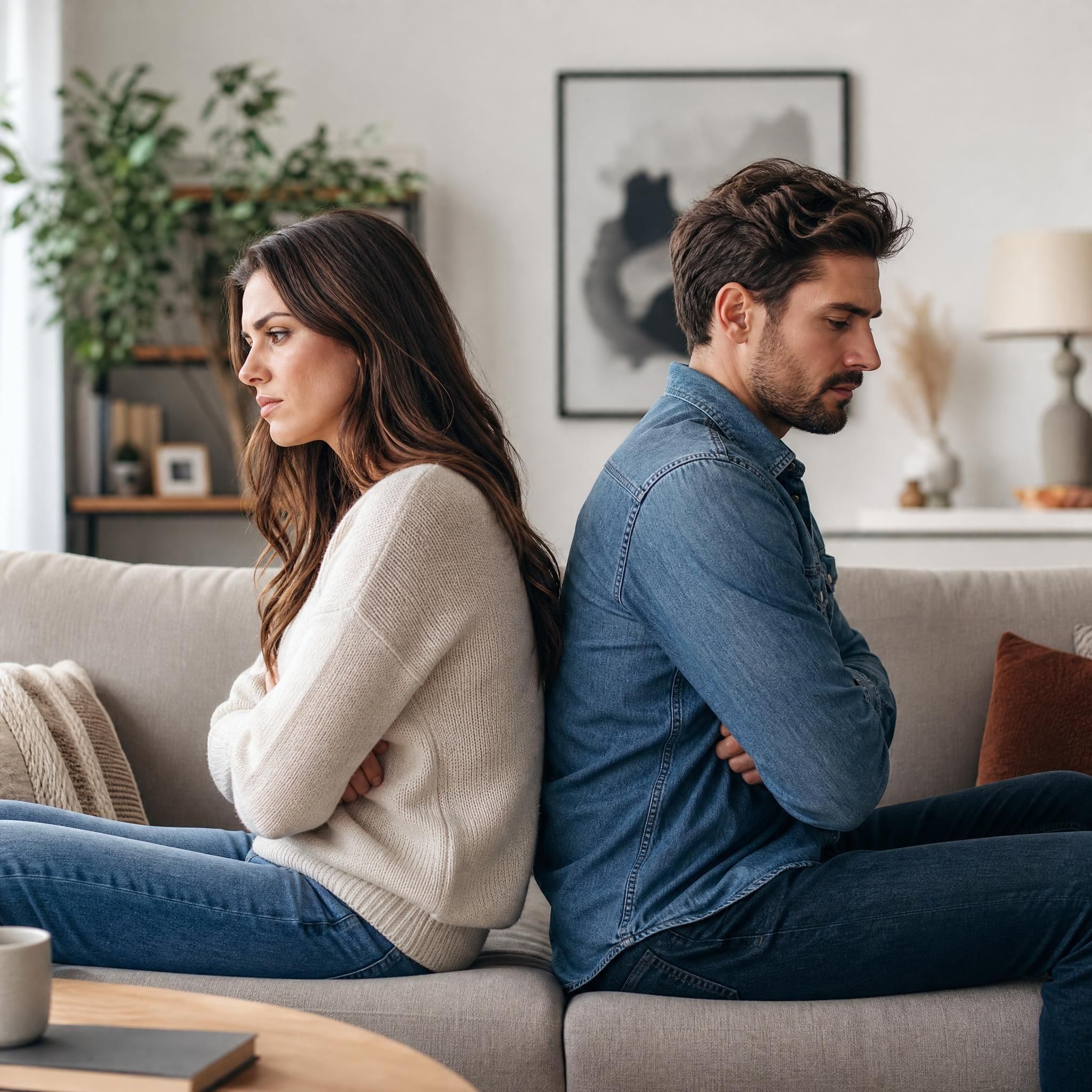 Couple en crise assis dos à dos dans un salon, regard pensif, symbolisant la distance émotionnelle dans une relation amoureuse