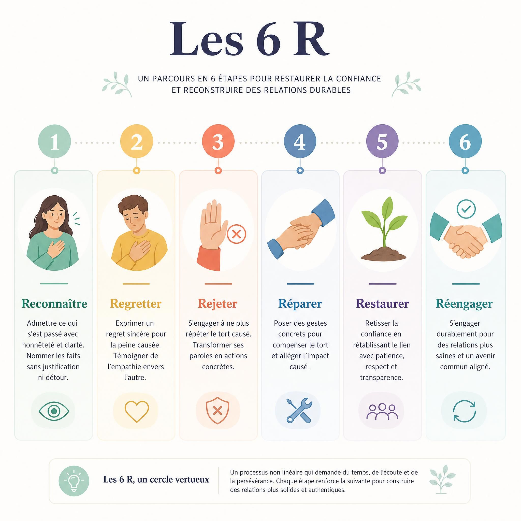 Infographie illustrant les 6 étapes des 6 R — Reconnaître, Regretter, Rejeter, Réparer, Restaurer, Réengager — avec des icônes douces et colorées sur fond clair