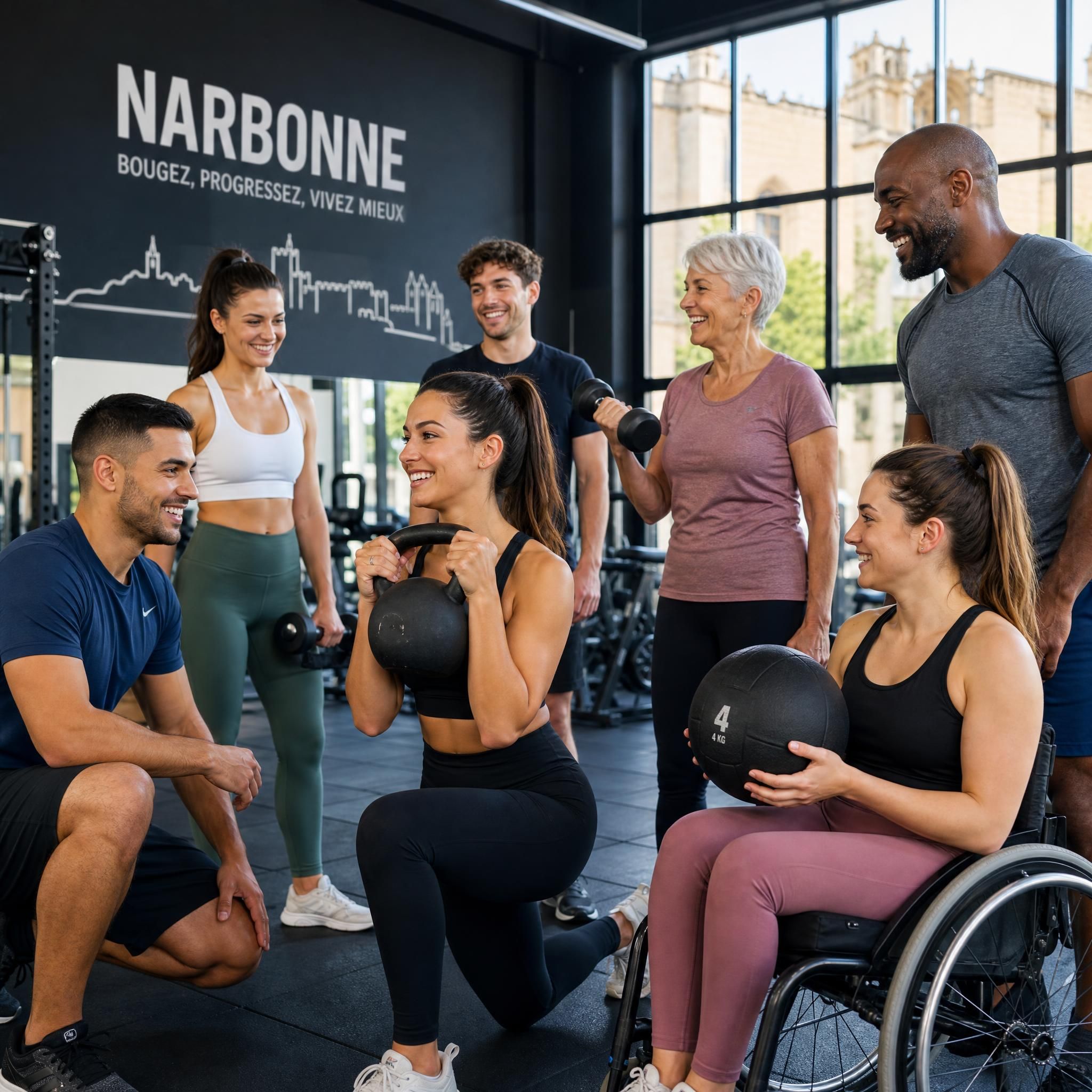 Groupe de personnes diverses s'entraînant ensemble dans une salle de sport narbonnaise, ambiance motivante et inclusive