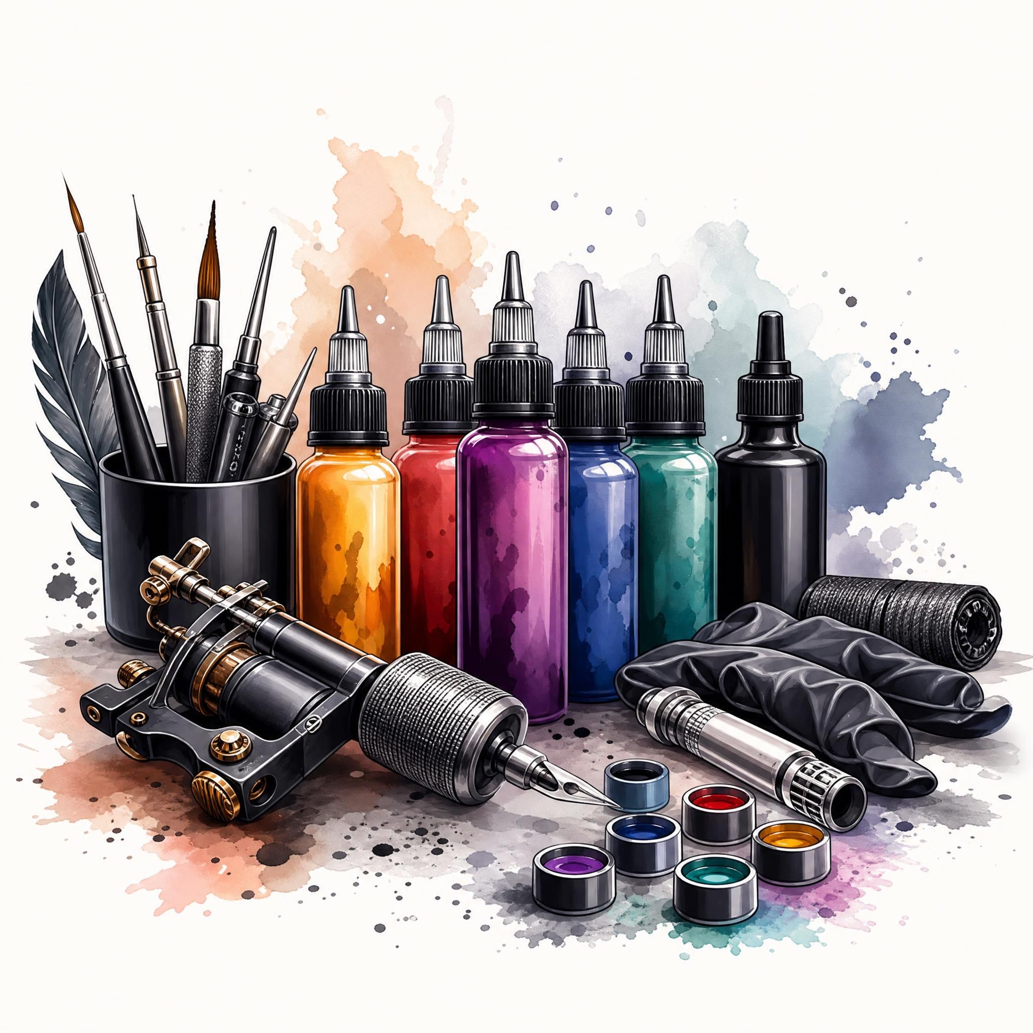 Illustration de flacons d'encre de tatouage colorés et d'outils de tatouage artistiques, style illustratif moderne sans texte