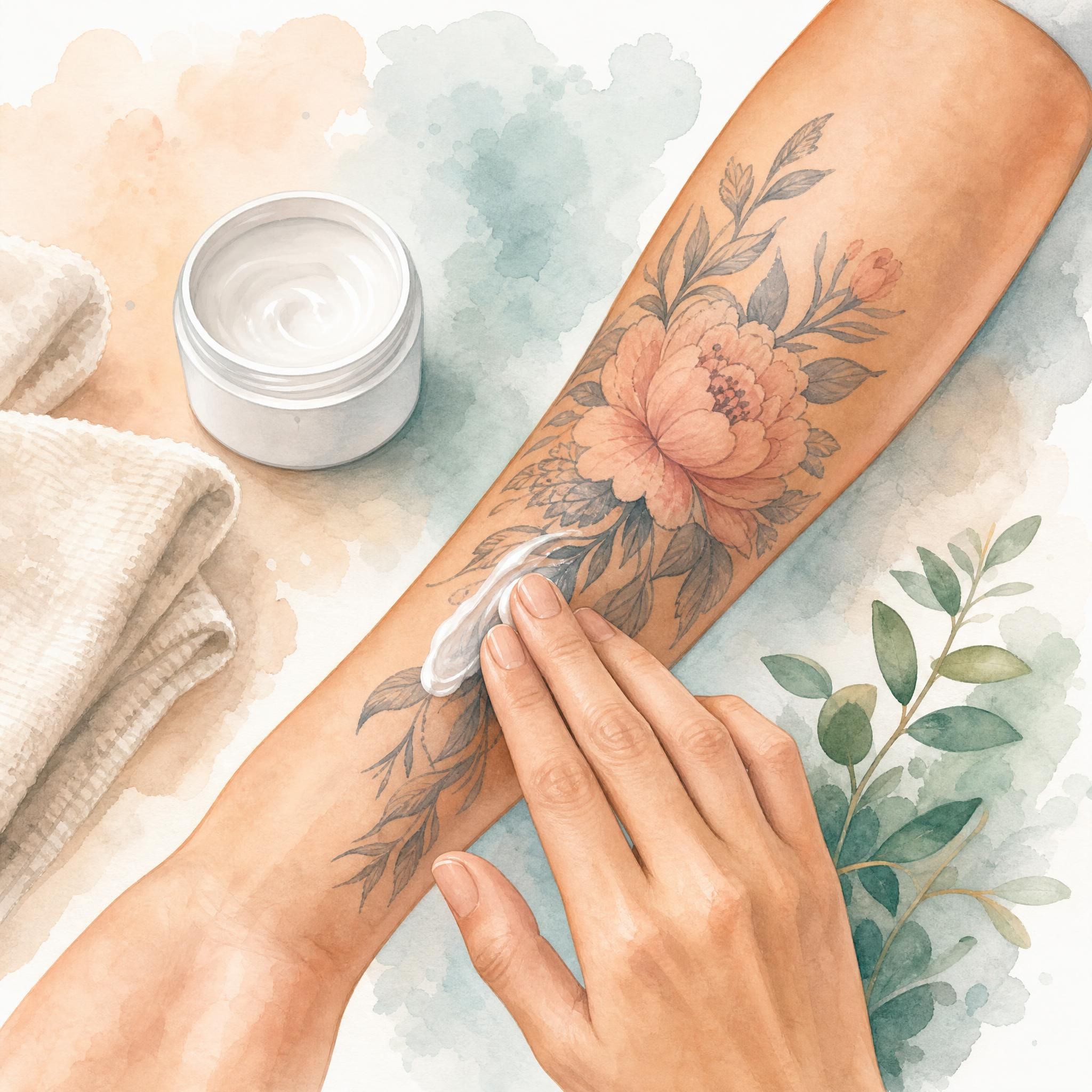 Illustration douce et illustrative montrant des gestes de soin pour tatouage, mains appliquant de la crème sur une peau tatouée, style aquarelle pastel, sans texte