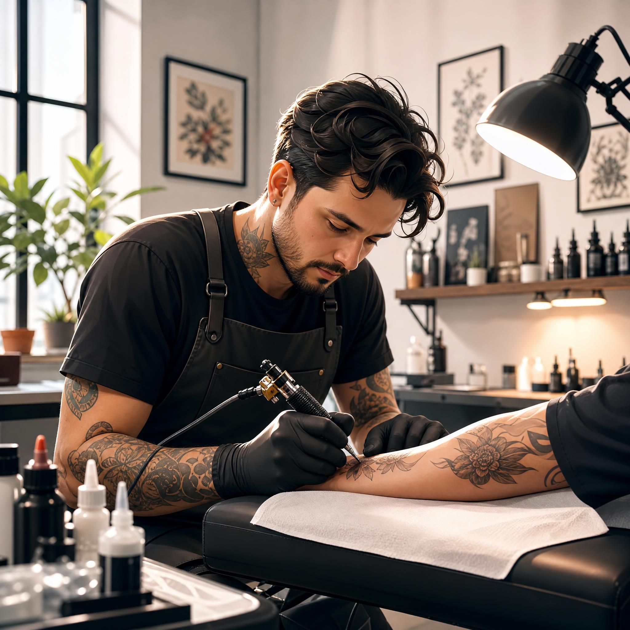 Illustration d'un tatoueur professionnel travaillant avec soin dans un studio propre et lumineux, style illustratif chaleureux sans texte