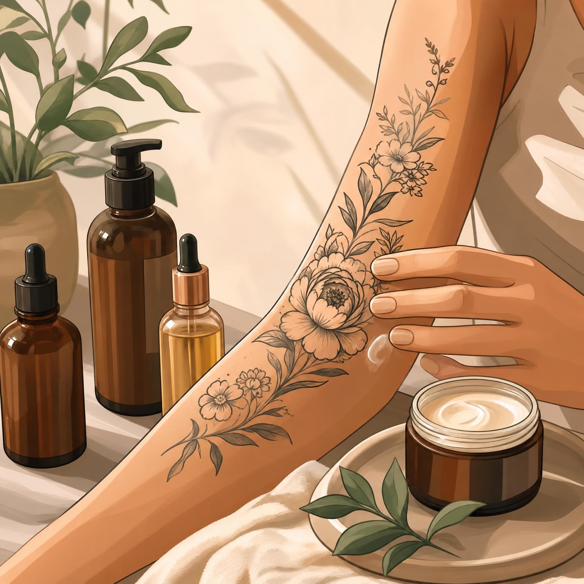 Illustration apaisante d'un beau tatouage floral sur un bras, entouré de flacons de soin et d'une crème hydratante, style illustratif sans texte