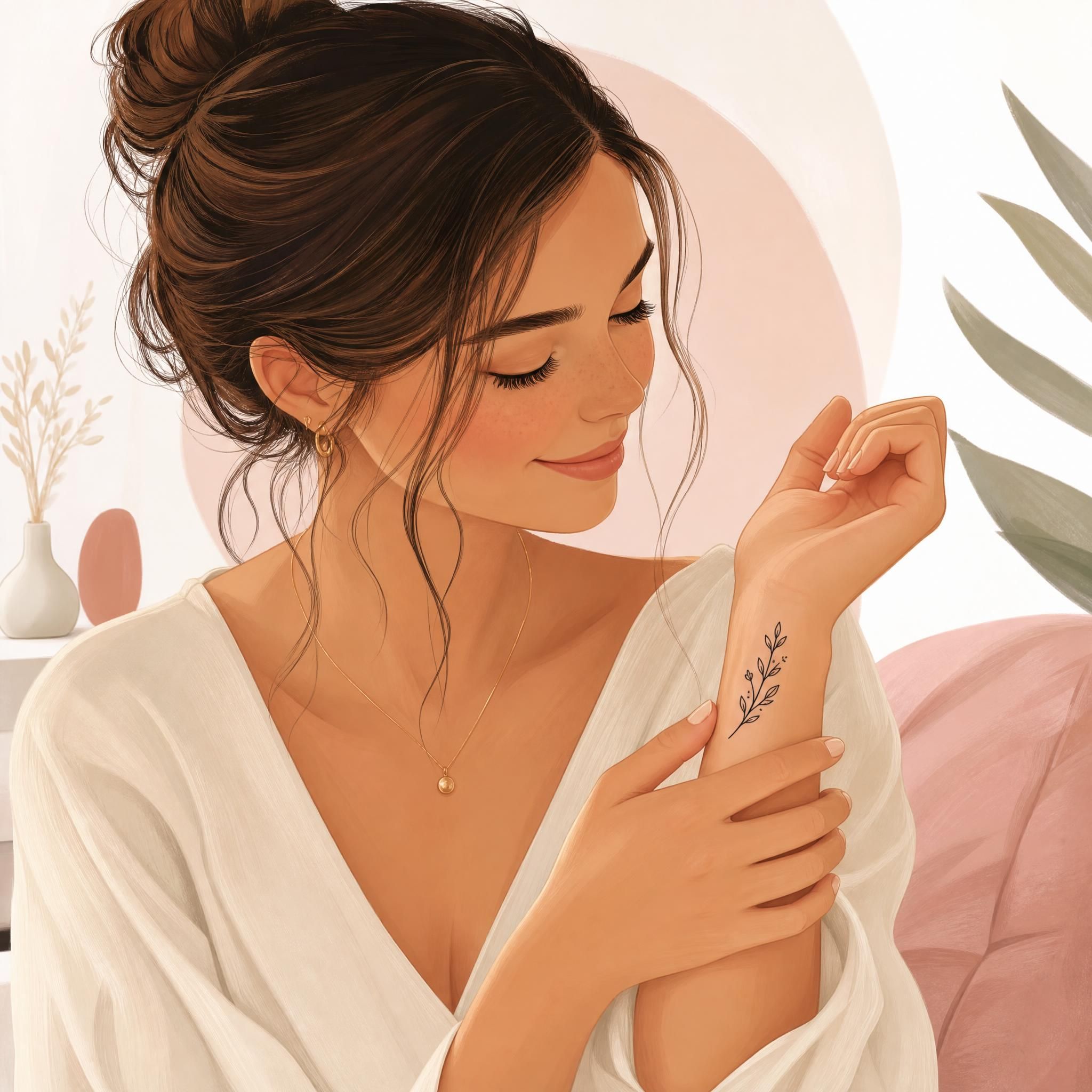 Illustration douce et bienveillante d'une femme admirant son tatouage sur le poignet, style illustratif pastel sans texte