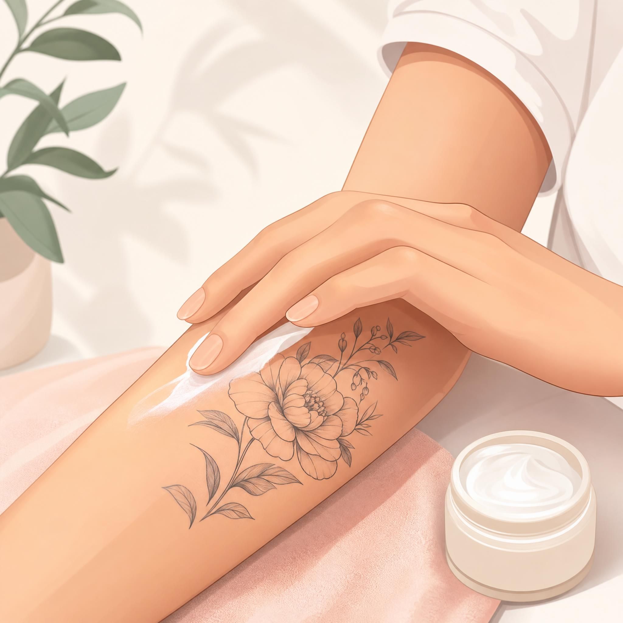 Illustration douce d'une main appliquant une crème hydratante sur un tatouage en cicatrisation, style illustratif pastel sans texte