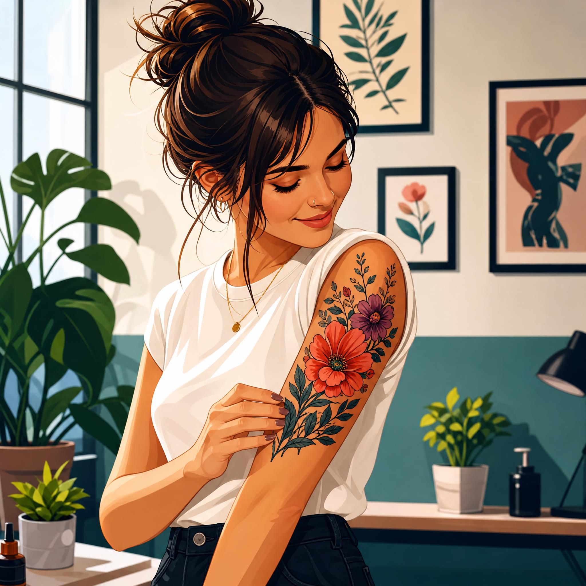Illustration colorée et inspirante d'une personne regardant son nouveau tatouage avec fierté, style illustratif sans texte