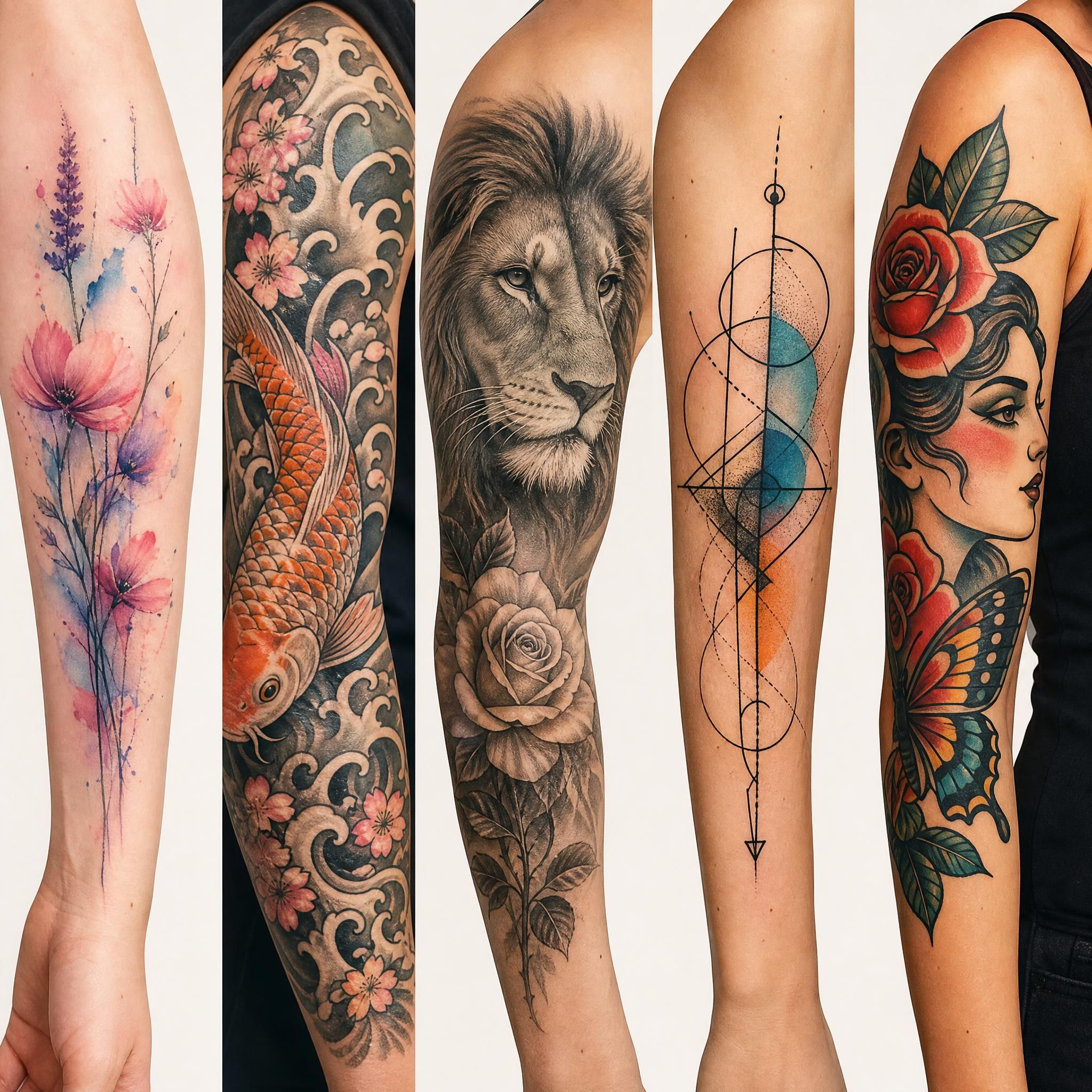 Illustration colorée et illustrative montrant une variété de styles de tatouage côte à côte, sans texte, fond neutre, style artistique moderne