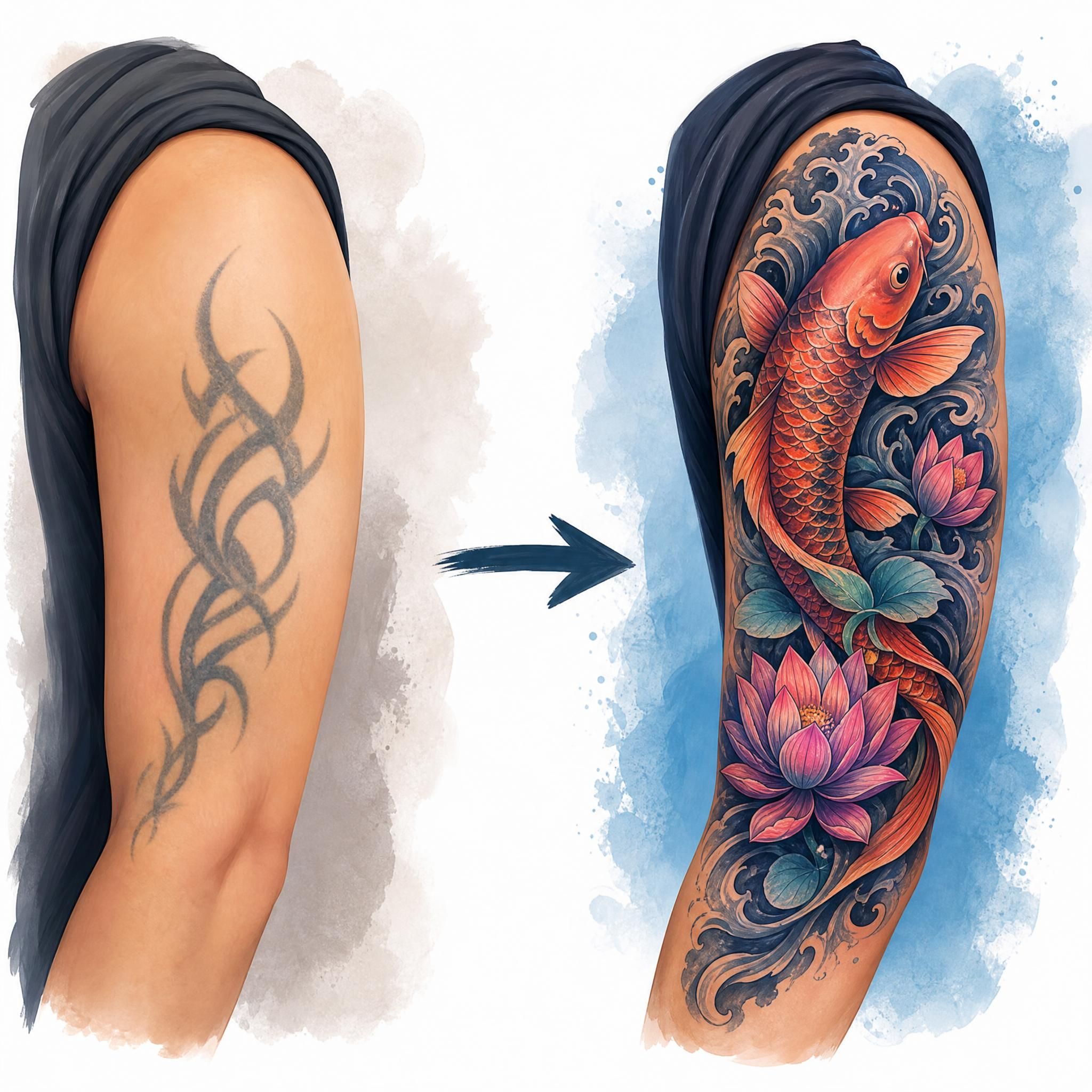 Illustration d'un avant-après symbolique de tatouage cover-up, style illustratif coloré sans texte
