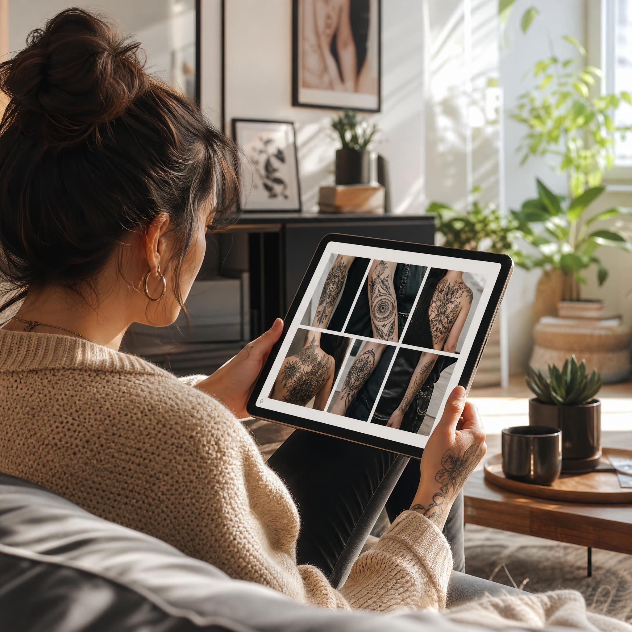 Illustration chaleureuse d'une personne consultant un portfolio de tatoueur sur une tablette dans un salon lumineux, style illustratif sans texte