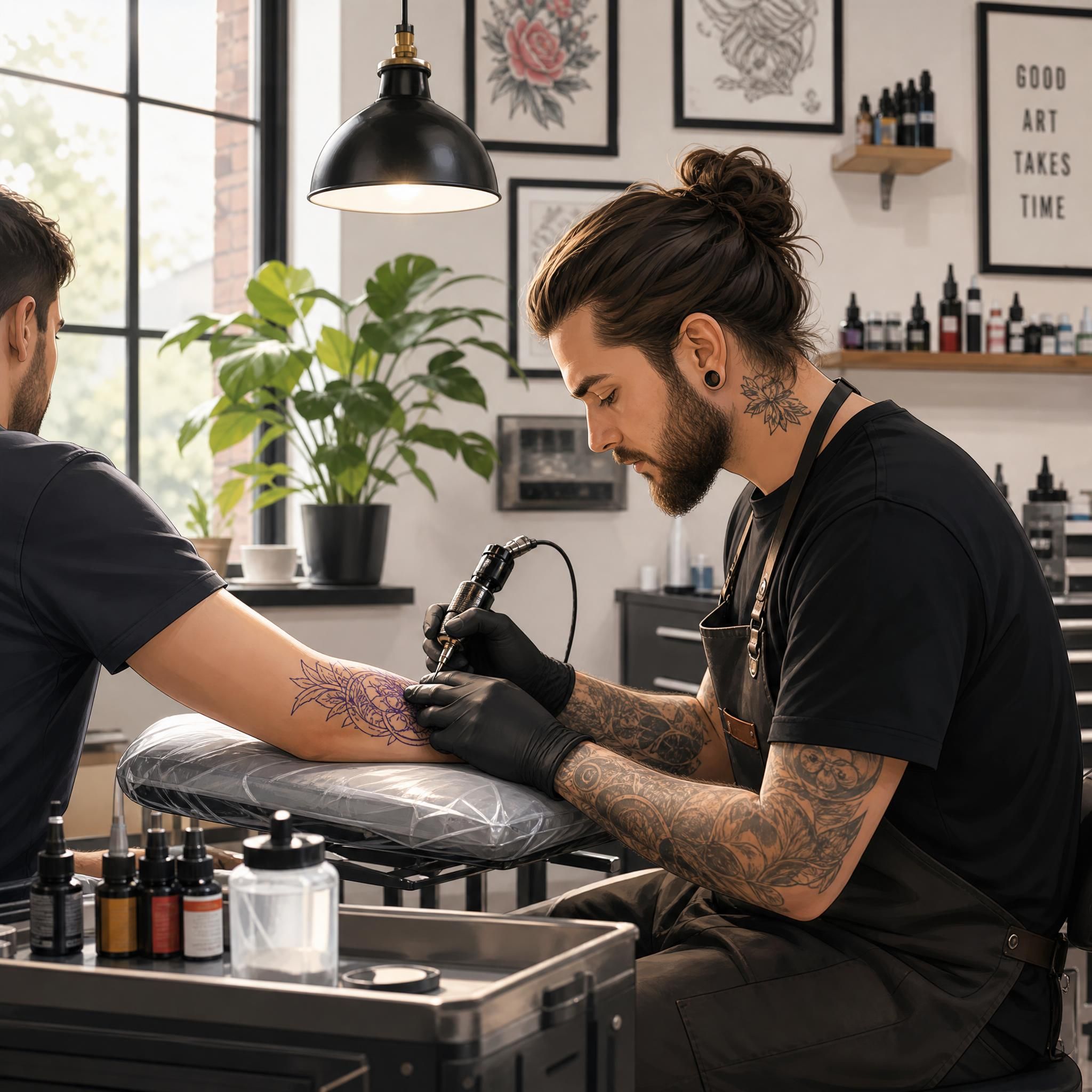 Illustration d'un tatoueur professionnel travaillant dans un studio propre et lumineux, vue de côté, style illustratif doux