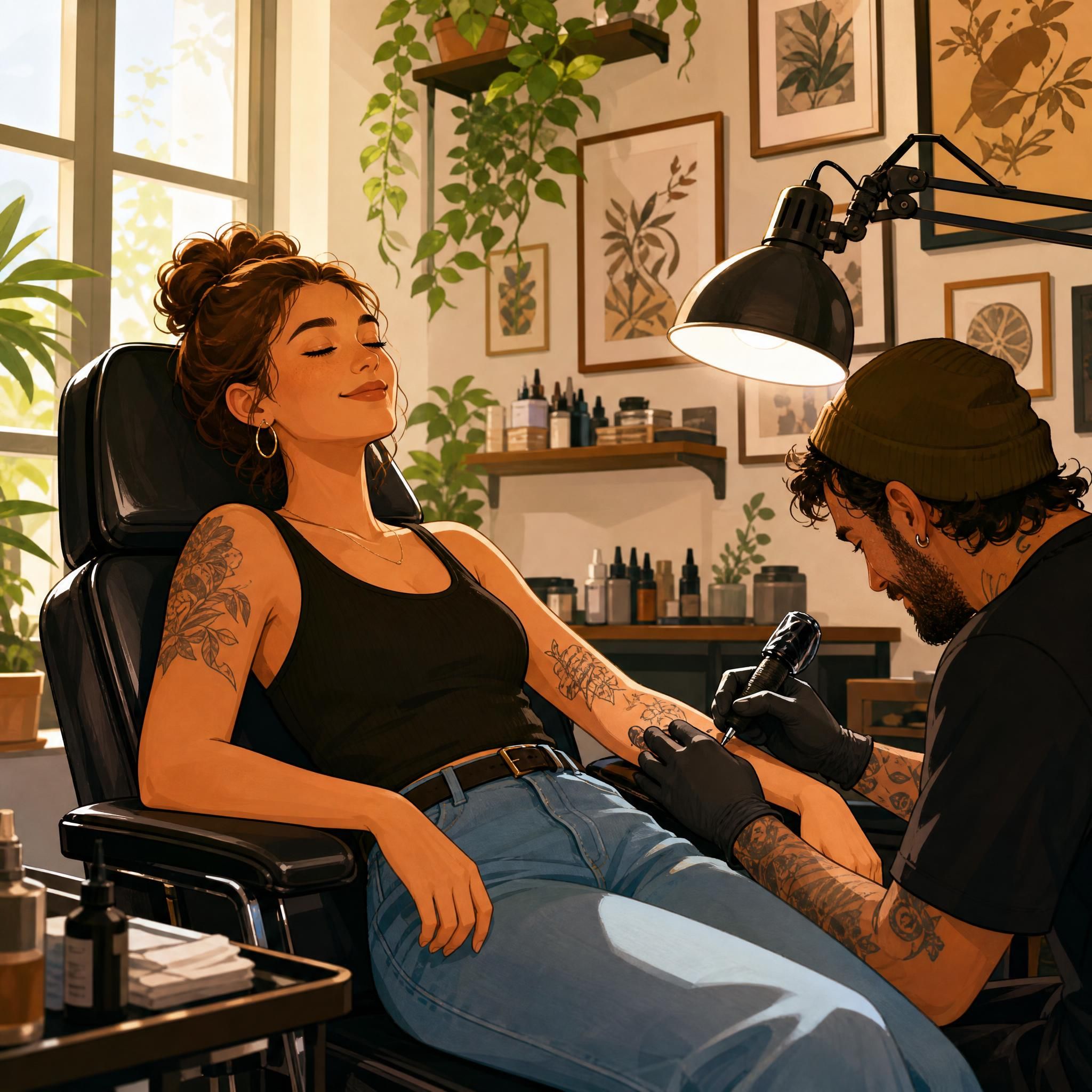 Illustration chaleureuse d'une personne détendue dans un fauteuil de tatouage, ambiance studio bienveillante, style illustratif sans texte